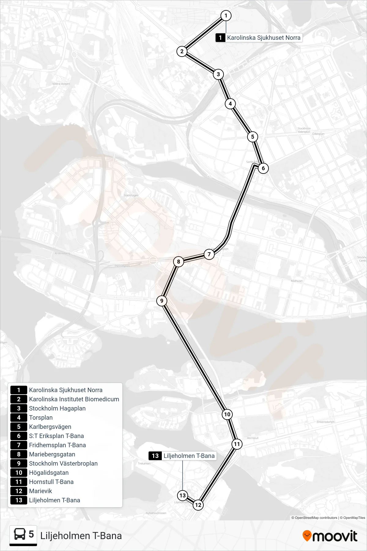 Rutt och hållplatser på karta för linje 5 buss, (Liljeholmen T-Bana)
