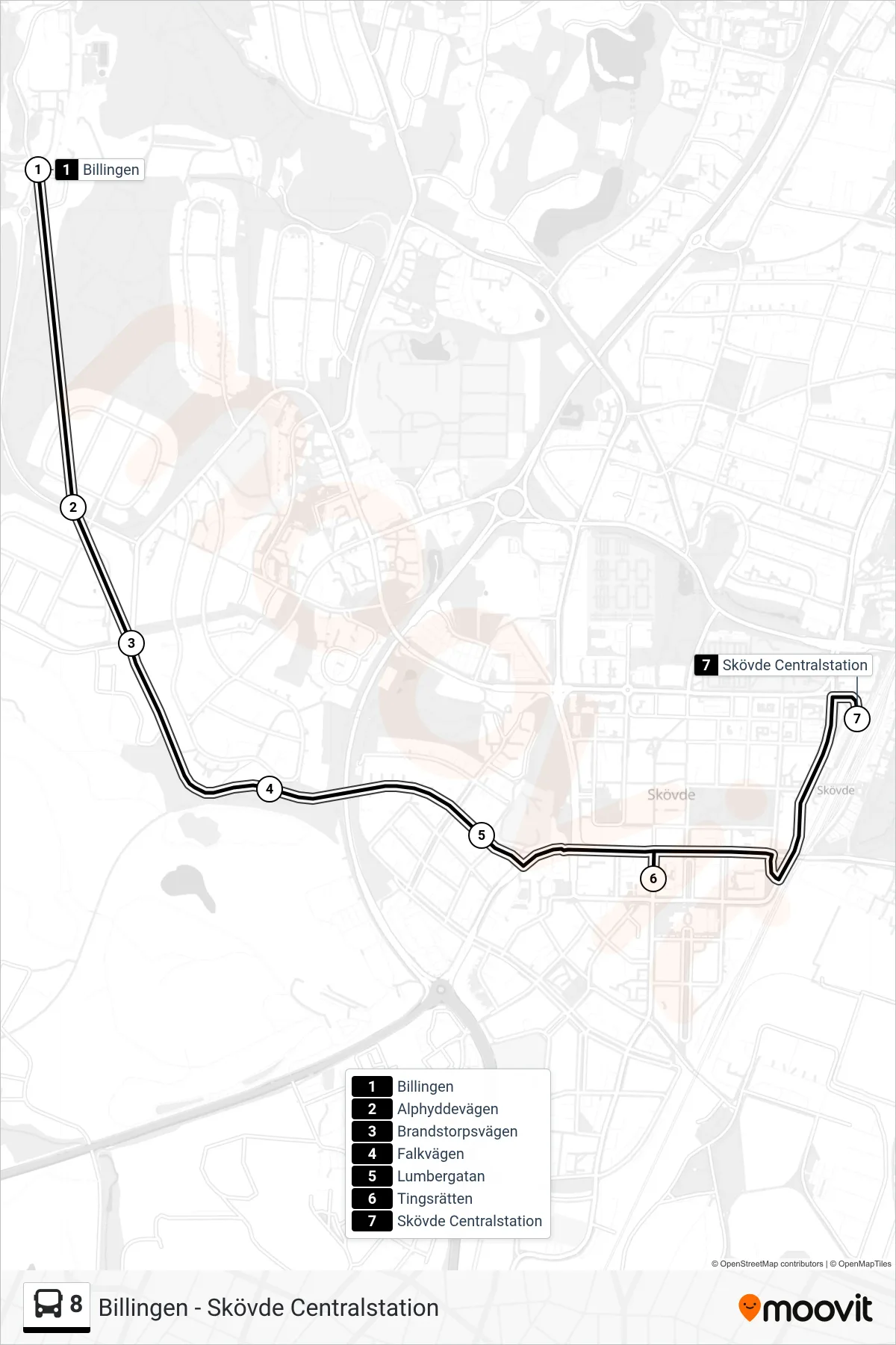 Rutt och hållplatser på karta för linje 8 spårvagn, (Skövde Centralstation)