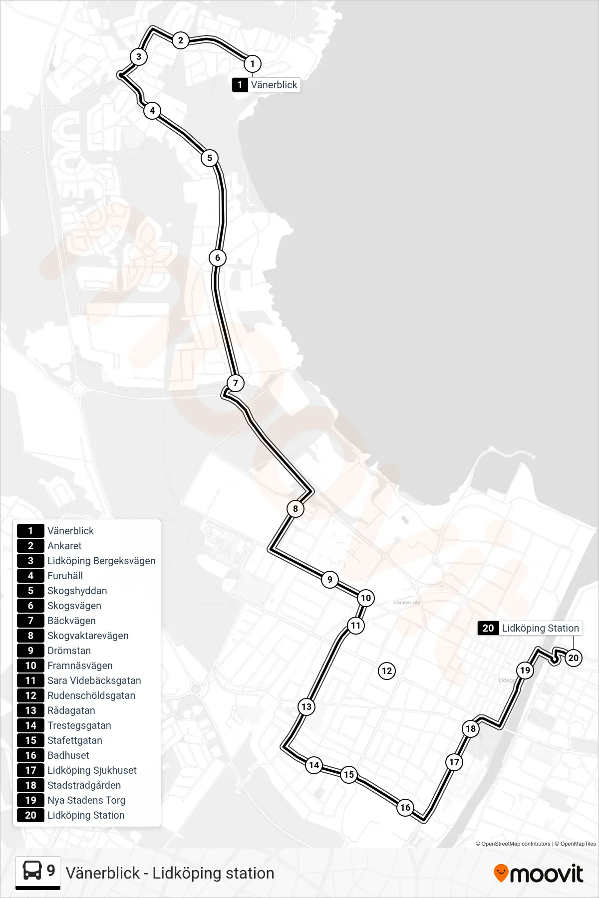 Rutt och hållplatser på karta för linje 9 spårvagn, (Lidköping Station)