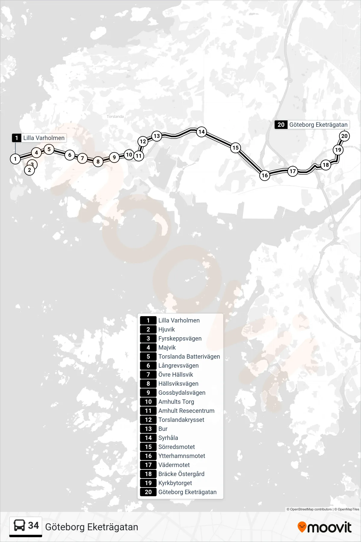 Rutt och hållplatser på karta för linje 34 spårvagn, (Göteborg Eketrägatan)