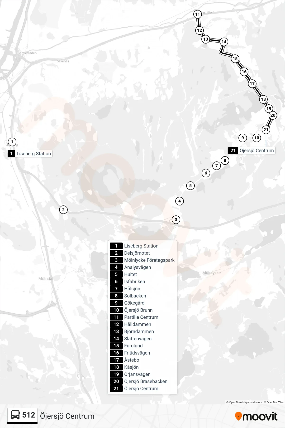 Rutt och hållplatser på karta för linje 512 spårvagn, (Öjersjö Centrum)