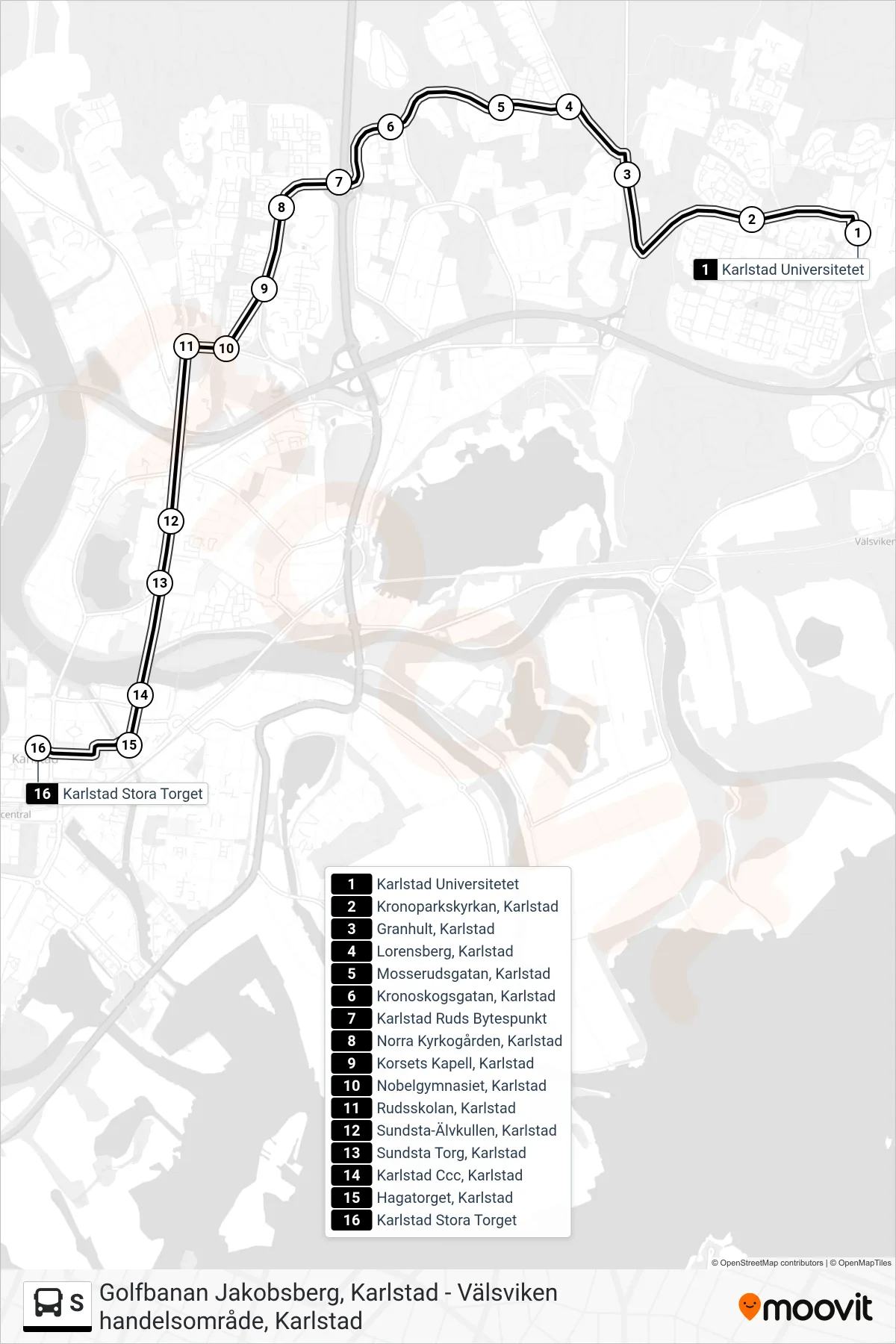 Rutt och hållplatser på karta för linje S buss, (Karlstad Stora Torget)