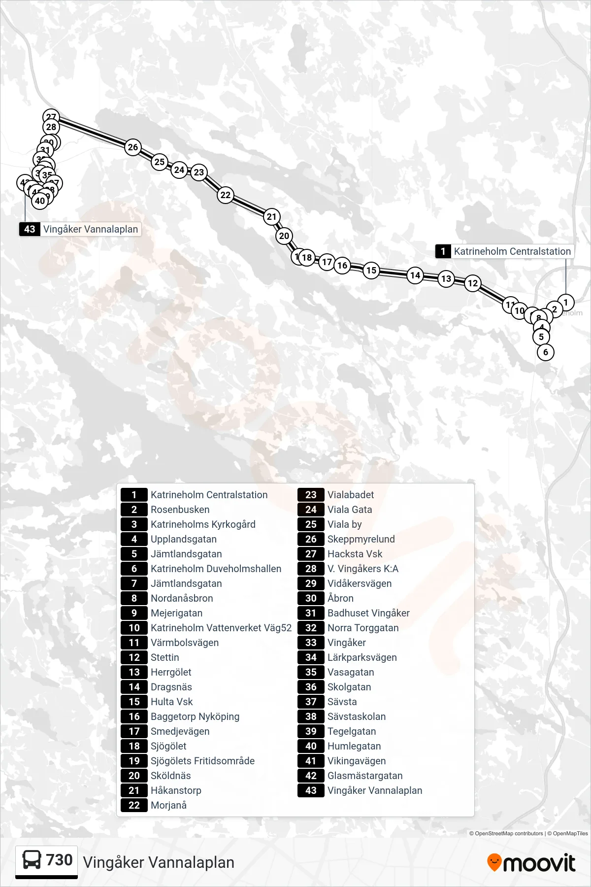 Rutt och hållplatser på karta för linje 730  buss, (Vingåker Vannalaplan)