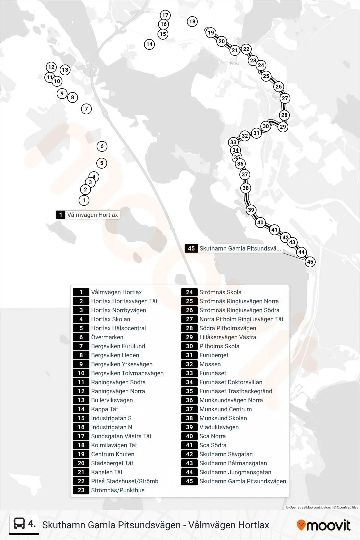Rutt och hållplatser på karta för linje 4. spårvagn, (Skuthamn Gamla Pitsundsvägen)