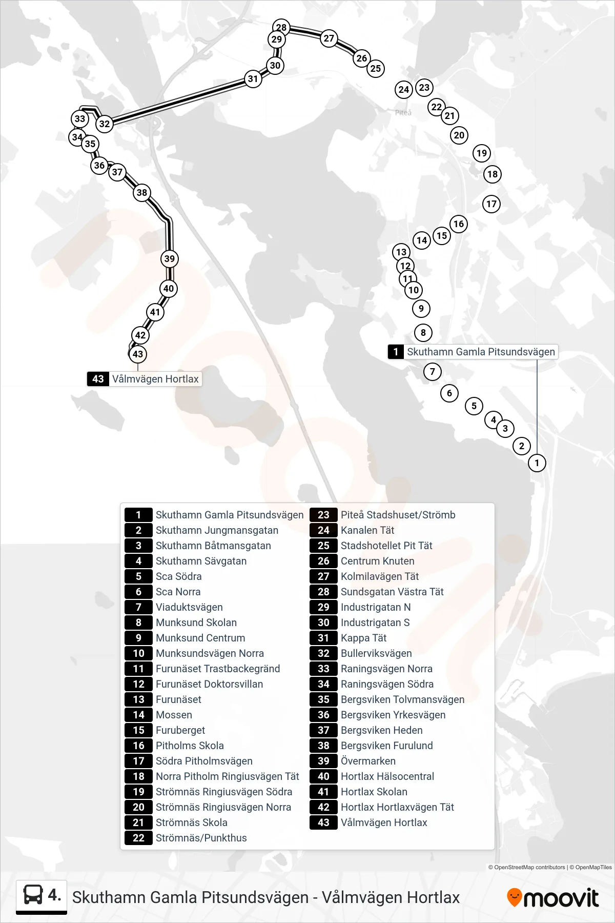 Rutt och hållplatser på karta för linje 4.  spårvagn, (Vålmvägen Hortlax)