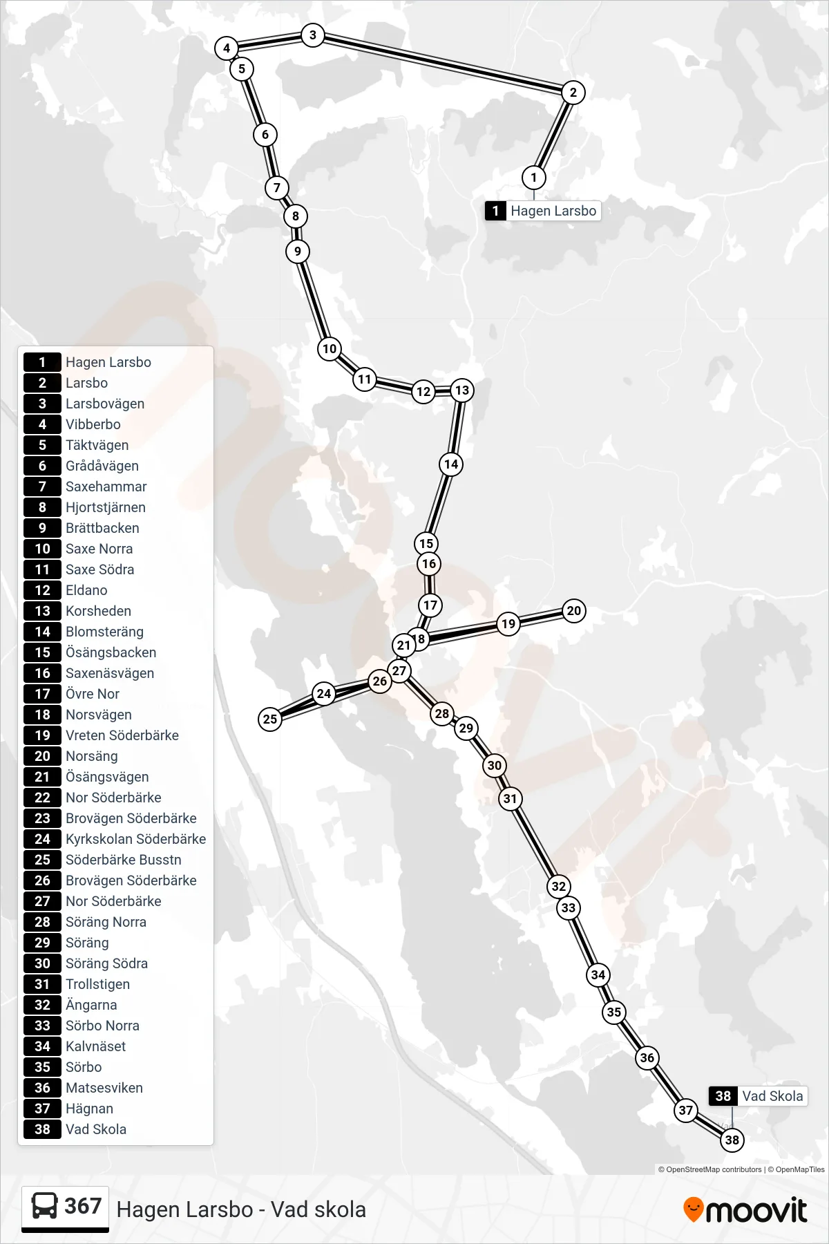 Rutt och hållplatser på karta för linje 367  buss, (Vad Skola)