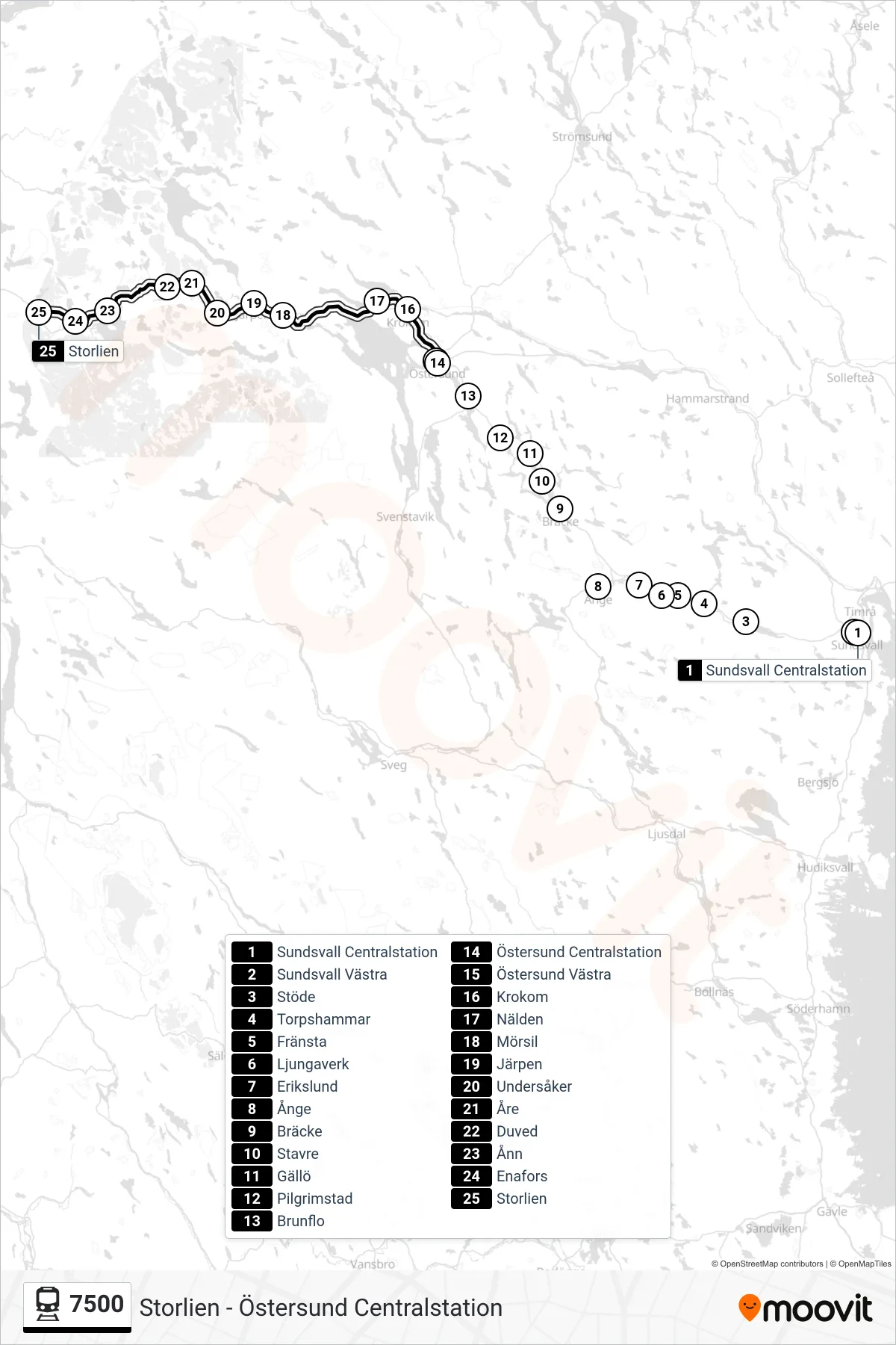 Rutt och hållplatser på karta för linje 7500  spårvagn, (Storlien Station)