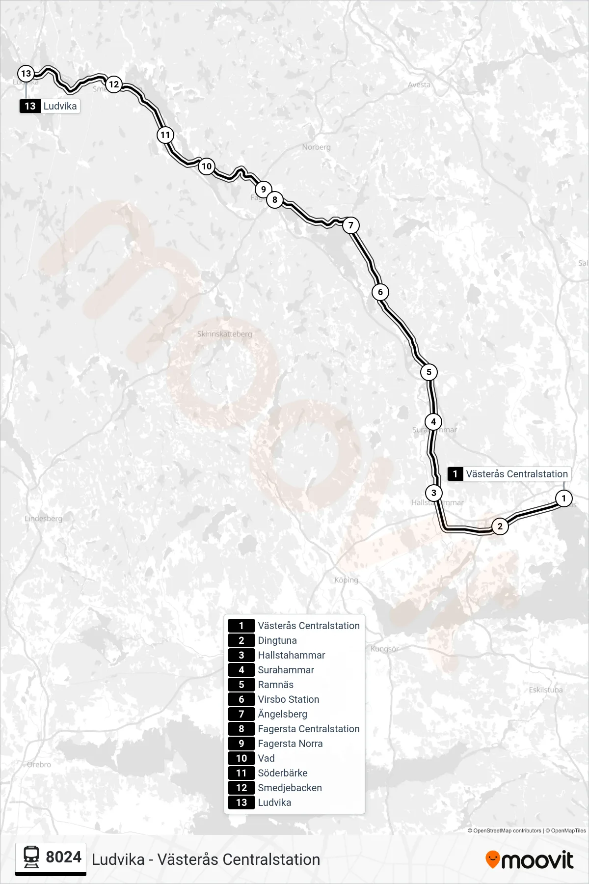 Rutt och hållplatser på karta för linje 8024 tåg, (Ludvika Station)