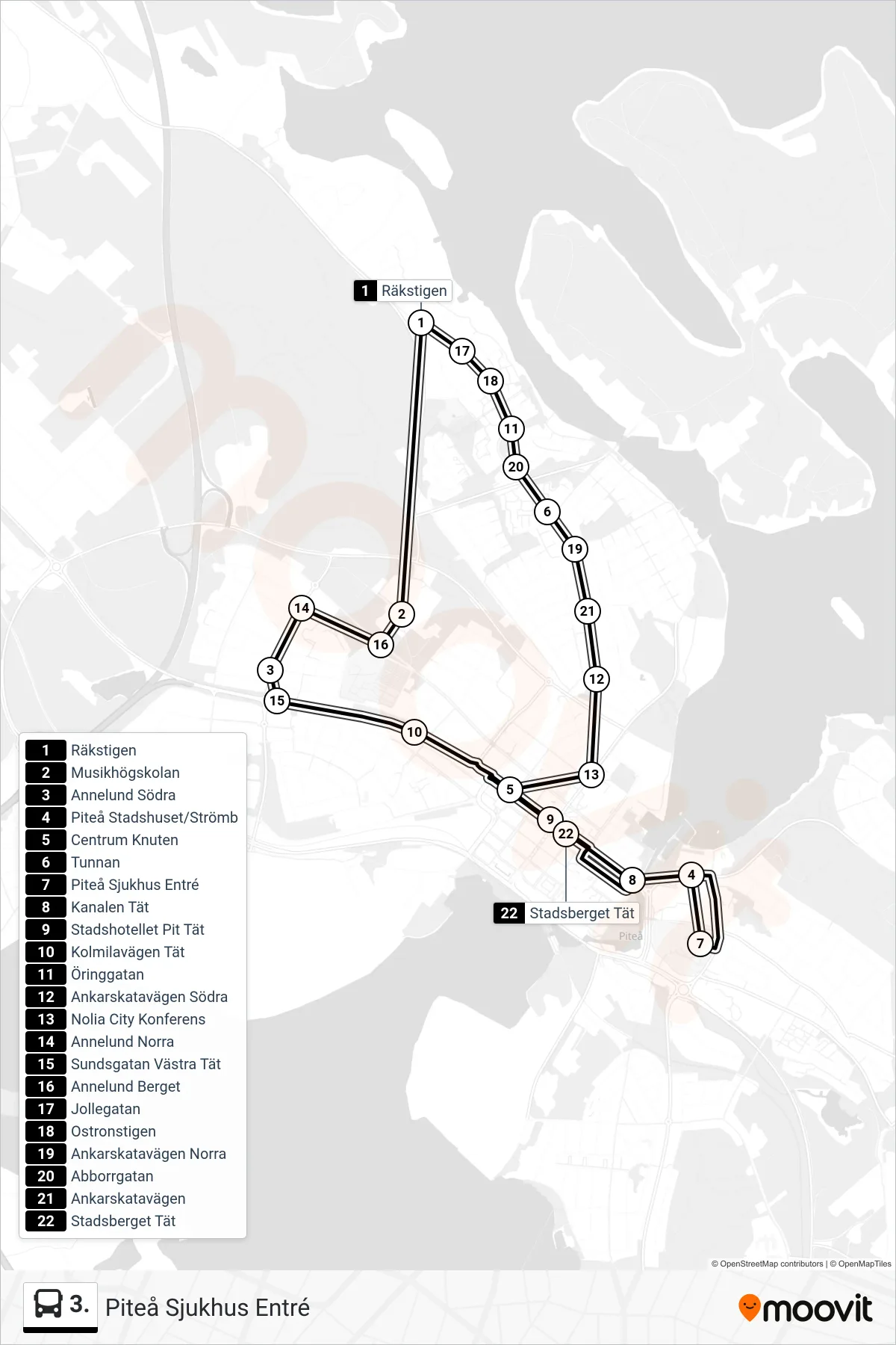 Rutt och hållplatser på karta för linje 3. spårvagn, (Piteå Sjukhus Entré)