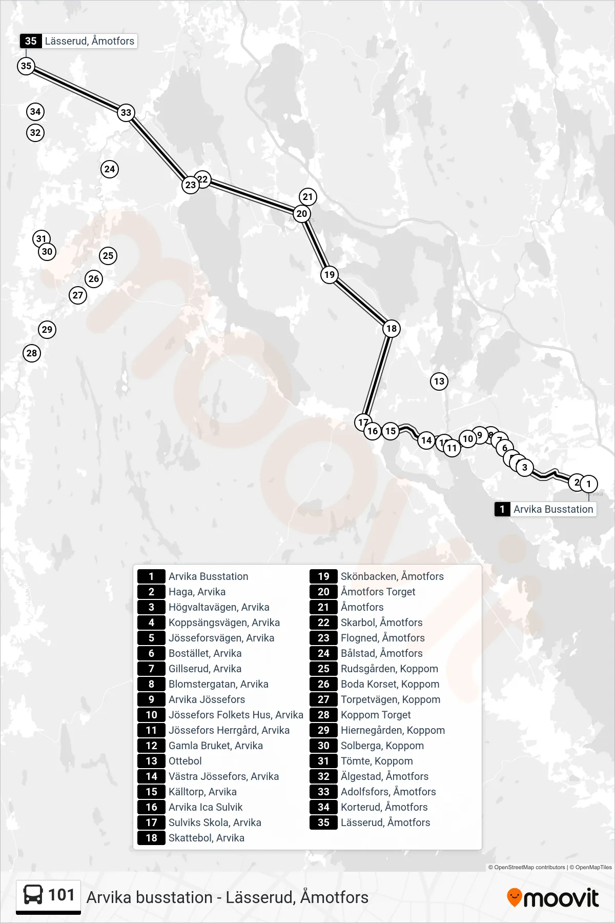 Rutt och hållplatser på karta för linje 101  buss, (Lässerud, Åmotfors)