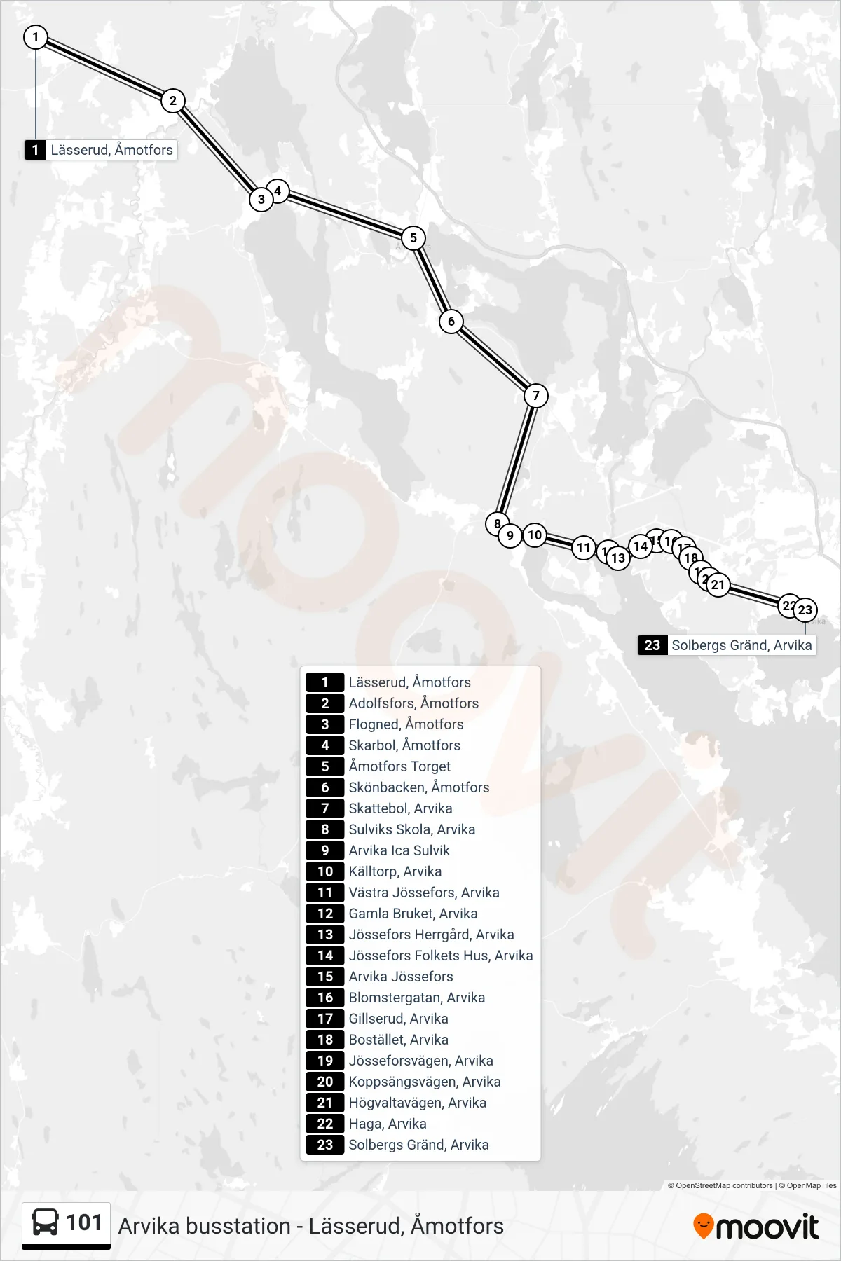 Rutt och hållplatser på karta för linje 101 buss, (Solbergs Gränd, Arvika)