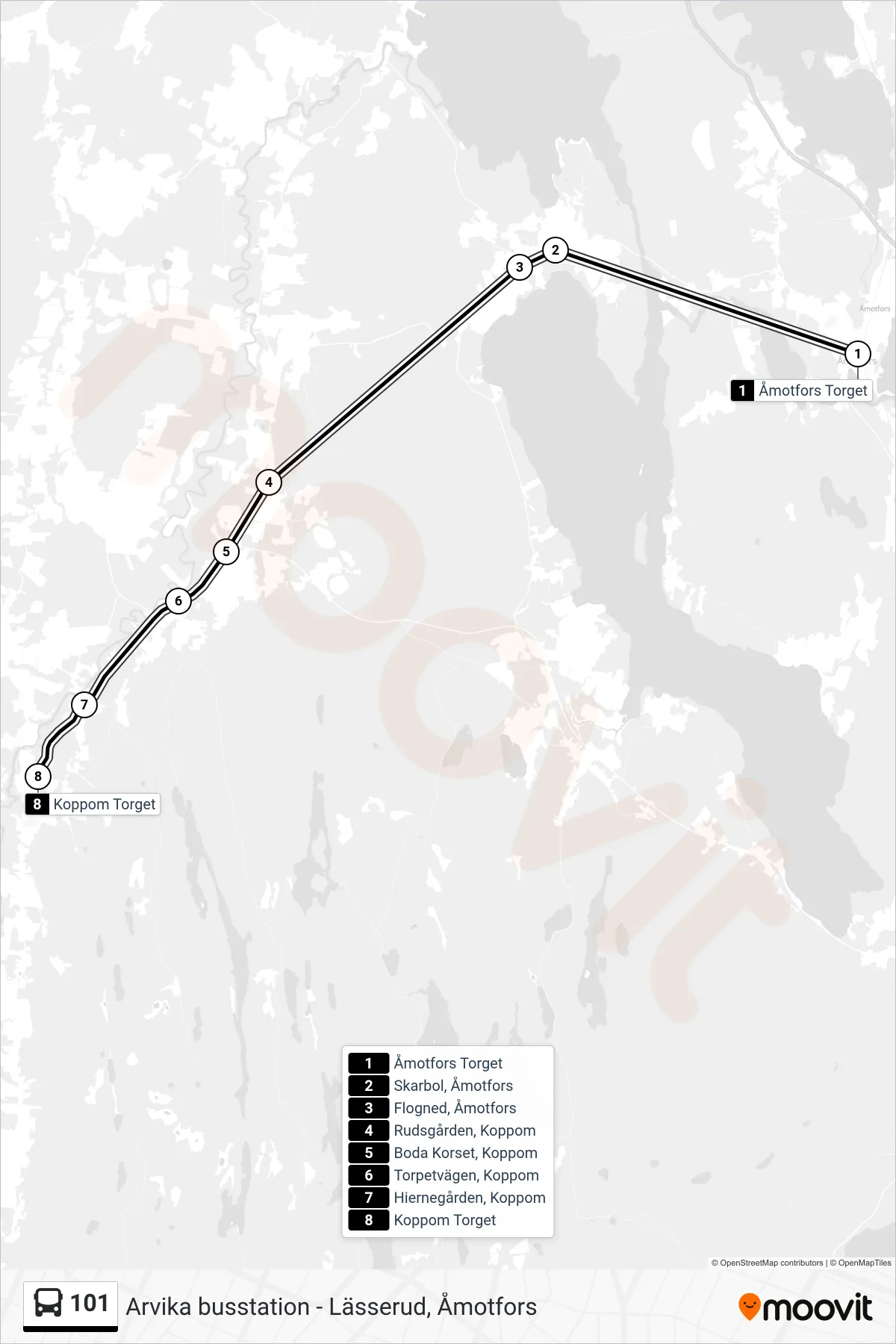 Rutt och hållplatser på karta för linje 101  buss, (Koppom Torget)