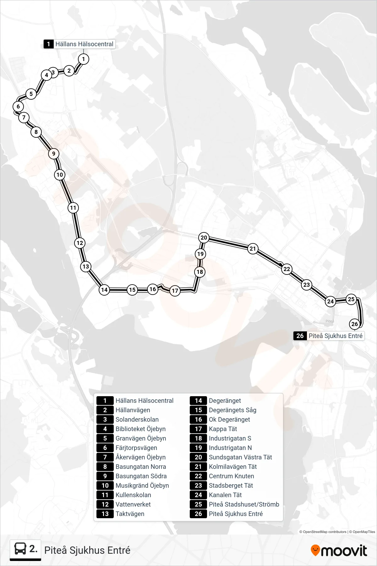 Rutt och hållplatser på karta för linje 2. spårvagn, (Piteå Sjukhus Entré)