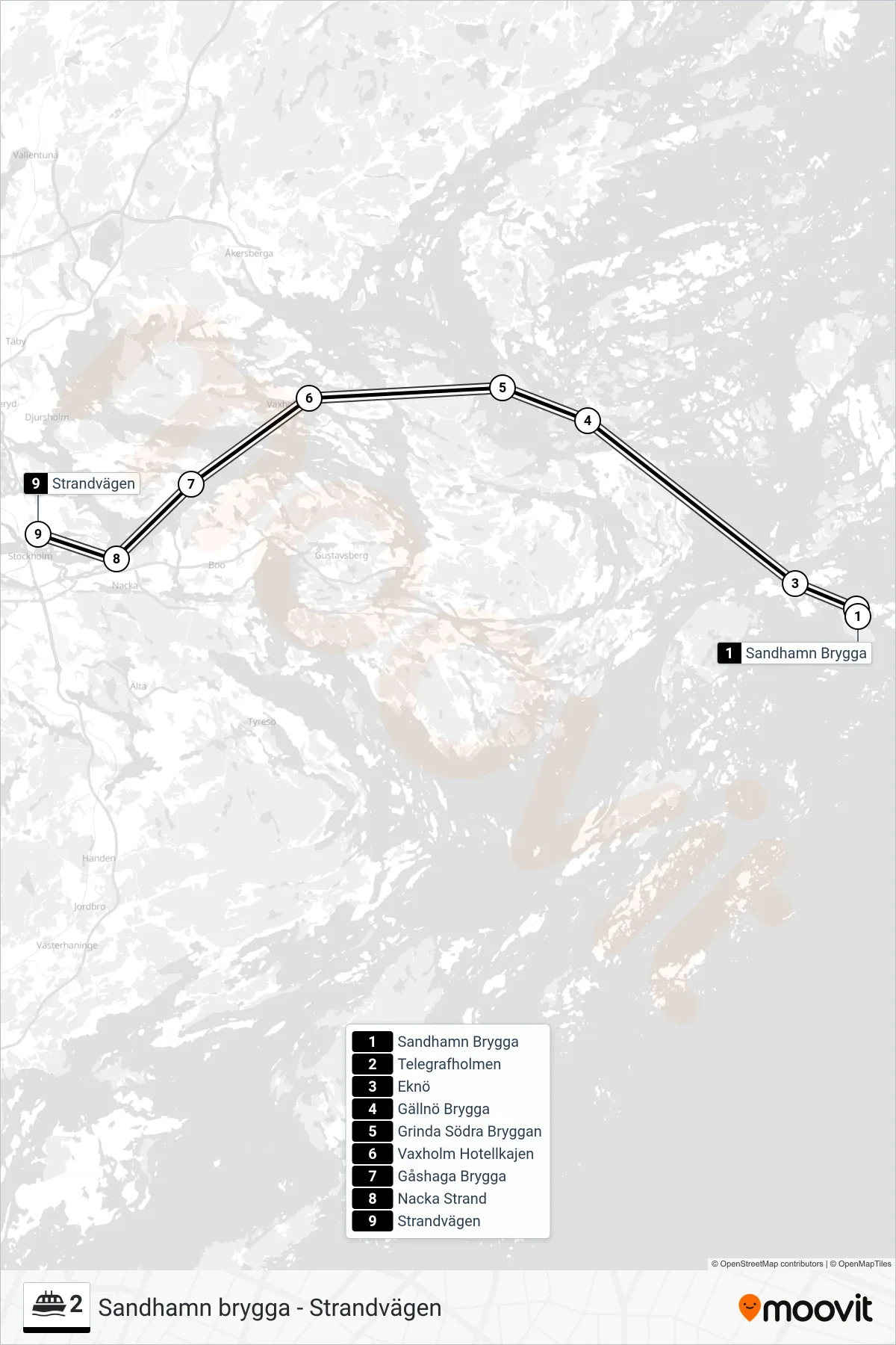 Rutt och hållplatser på karta för linje 2 spårvagn, (Strandvägen)