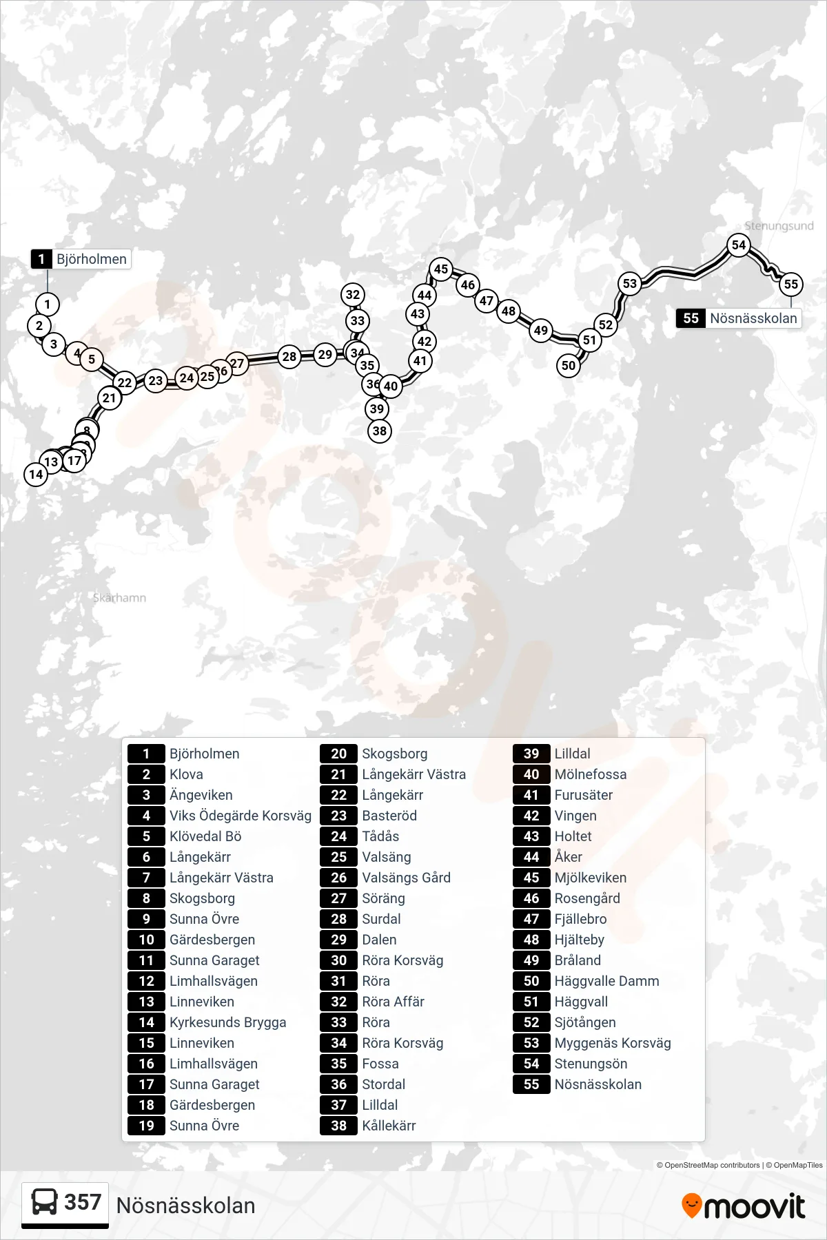 Rutt och hållplatser på karta för linje 357 buss, (Nösnässkolan)