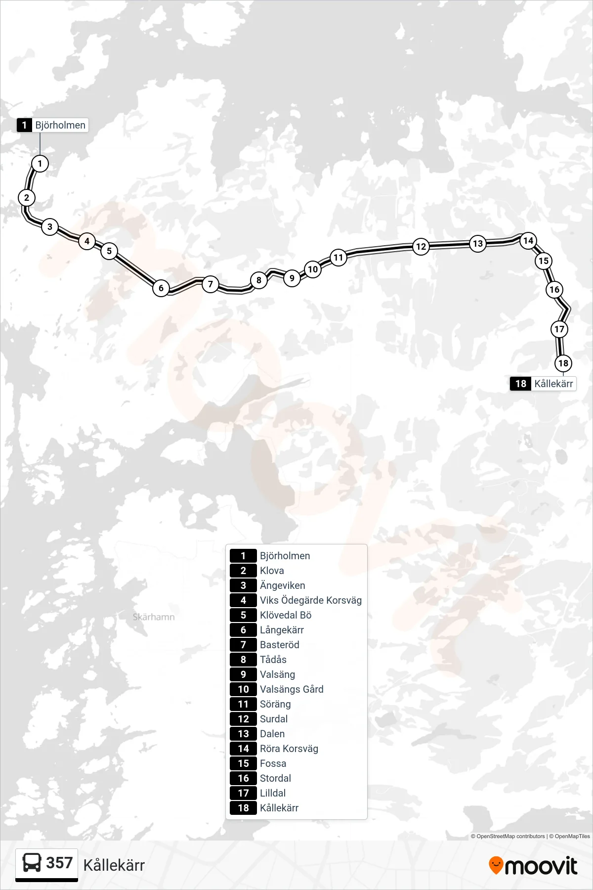 Rutt och hållplatser på karta för linje 357  buss, (Kållekärr)