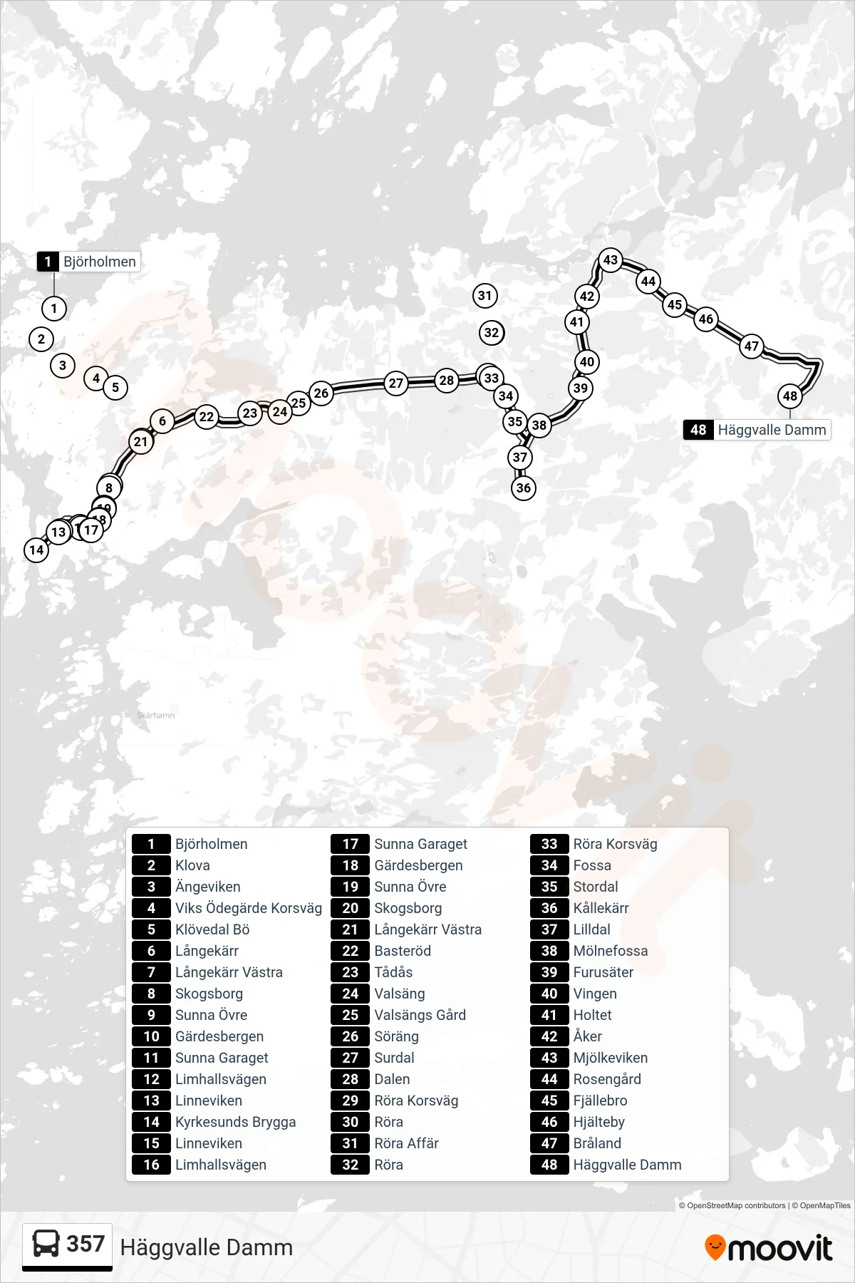 Rutt och hållplatser på karta för linje 357 buss, (Häggvalle Damm)