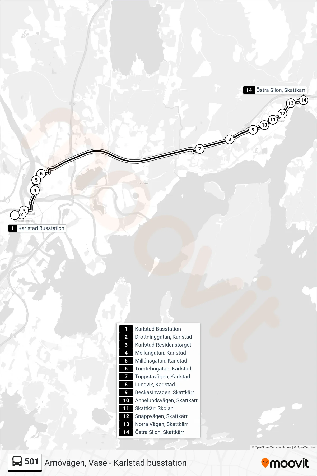 Rutt och hållplatser på karta för linje 501 buss, (Östra Silon, Skattkärr)
