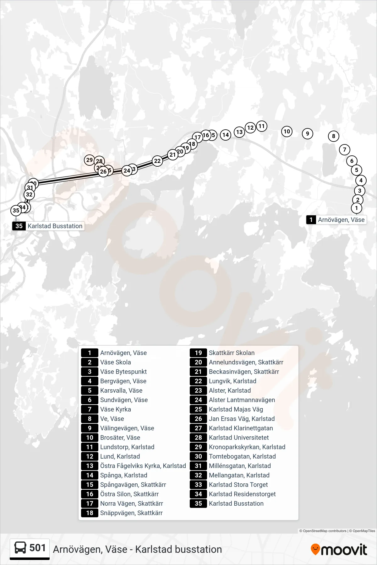 Rutt och hållplatser på karta för linje 501 buss, (Karlstad Busstation)