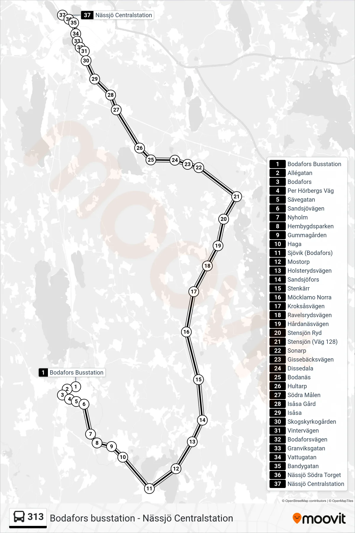 Rutt och hållplatser på karta för linje 313  buss, (Nässjö Centralstation)