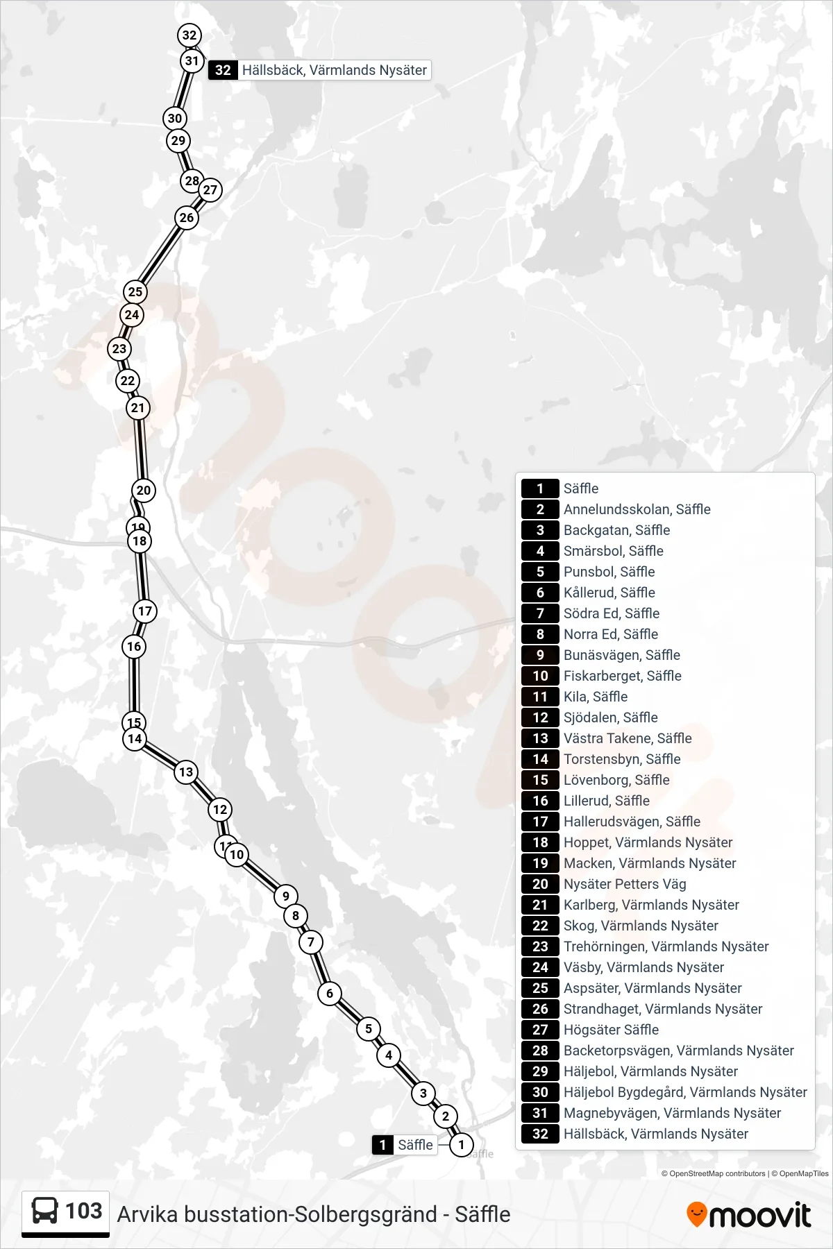 Rutt och hållplatser på karta för linje 103 buss, (Hällsbäck, Värmlands Nysäter)