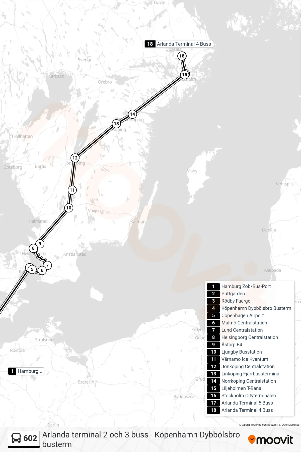 Rutt och hållplatser på karta för linje 602  buss, (Arlanda Terminal 4 Buss)