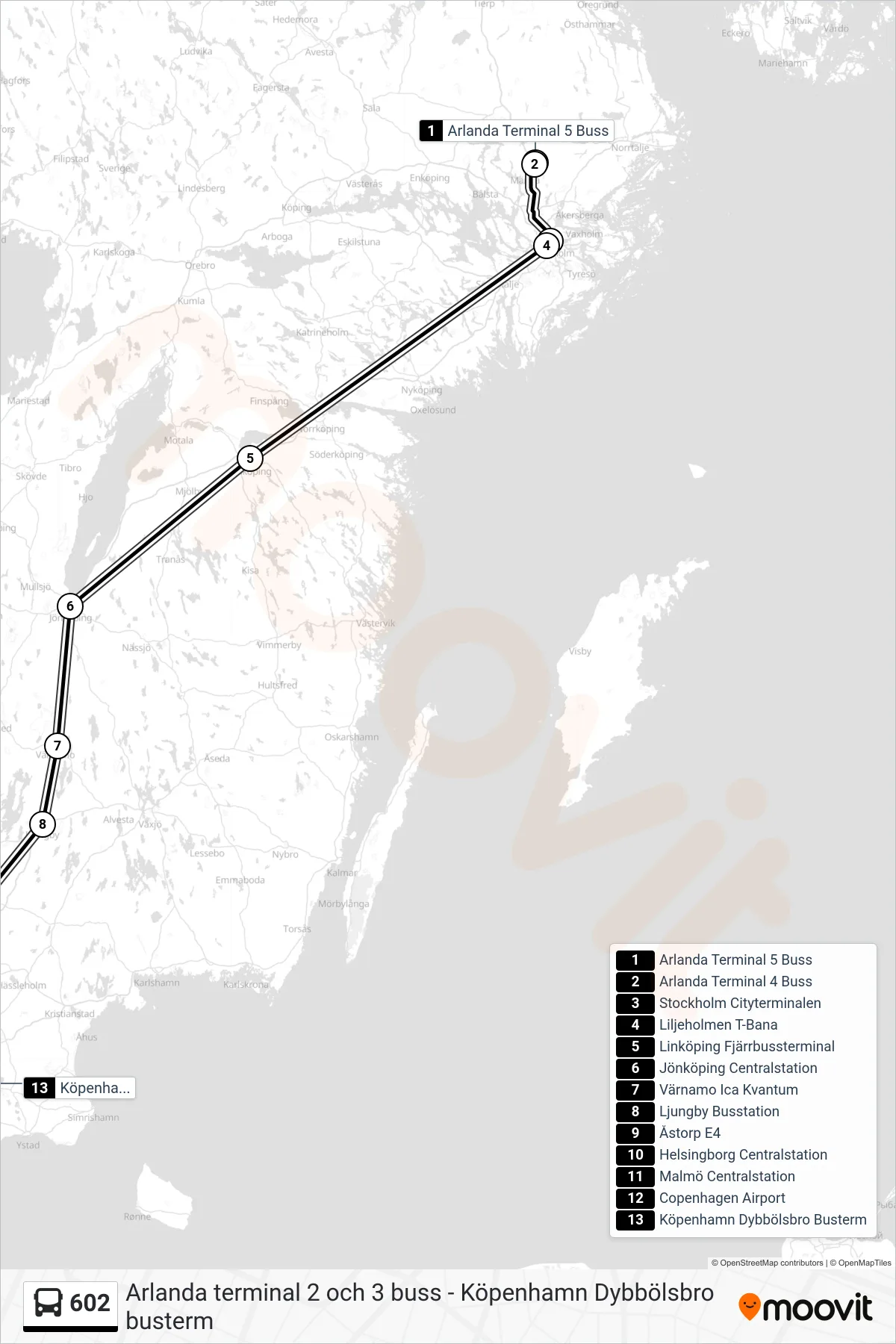 Rutt och hållplatser på karta för linje 602 buss, (Köpenhamn Dybbölsbro Busterm)