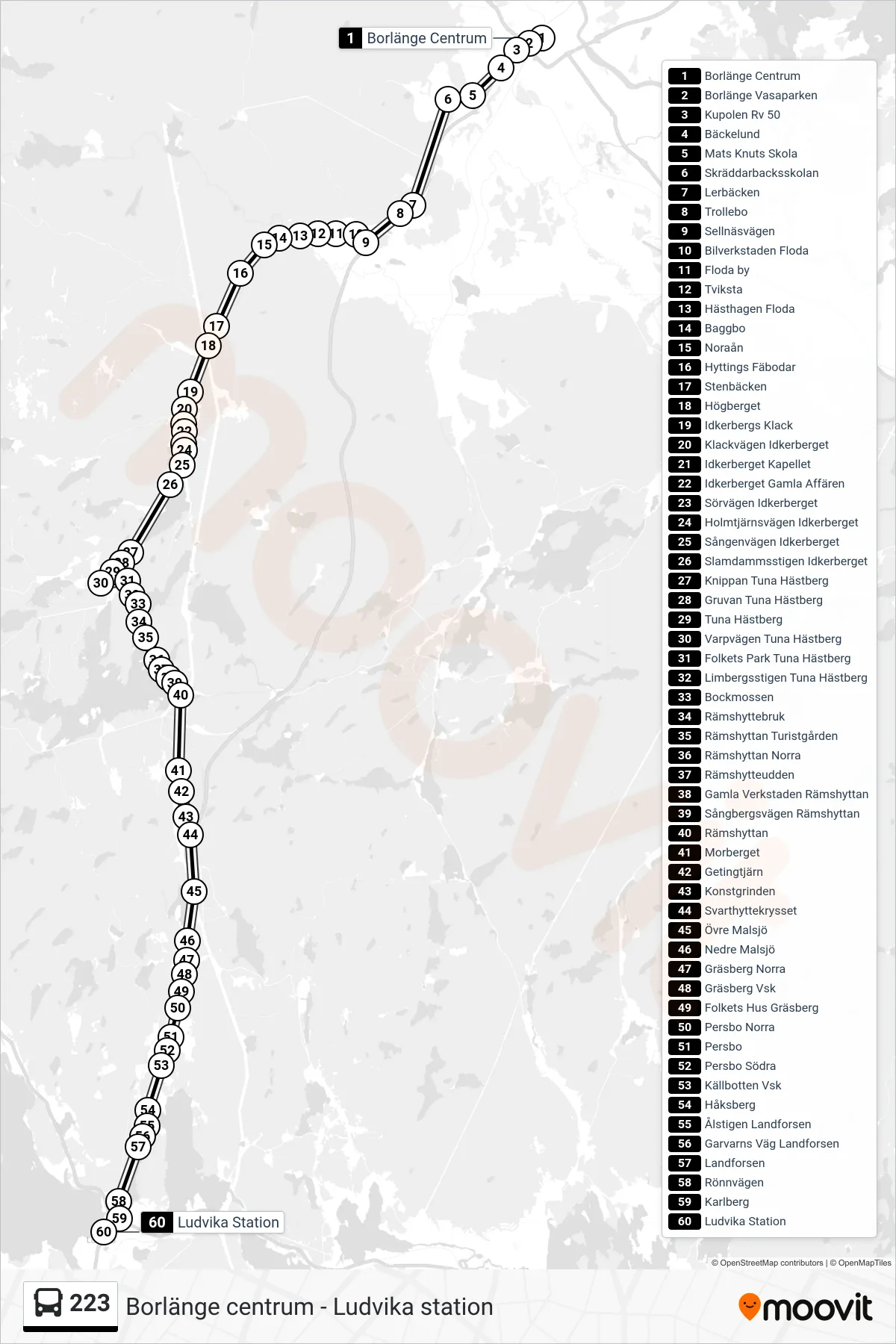Rutt och hållplatser på karta för linje 223 spårvagn, (Ludvika Station)