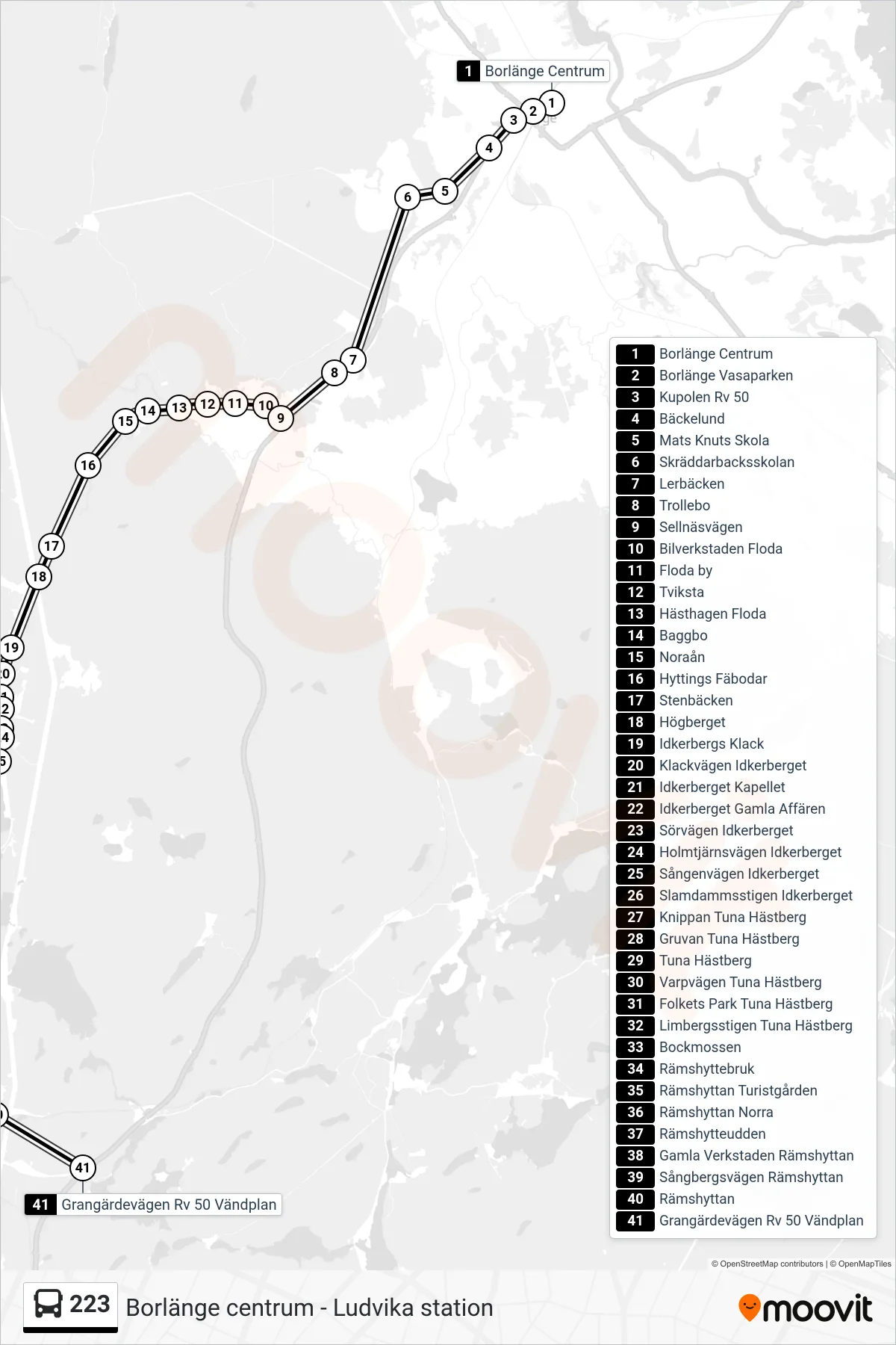 Rutt och hållplatser på karta för linje 223  spårvagn, (Grangärdevägen Rv 50 Vändplan)