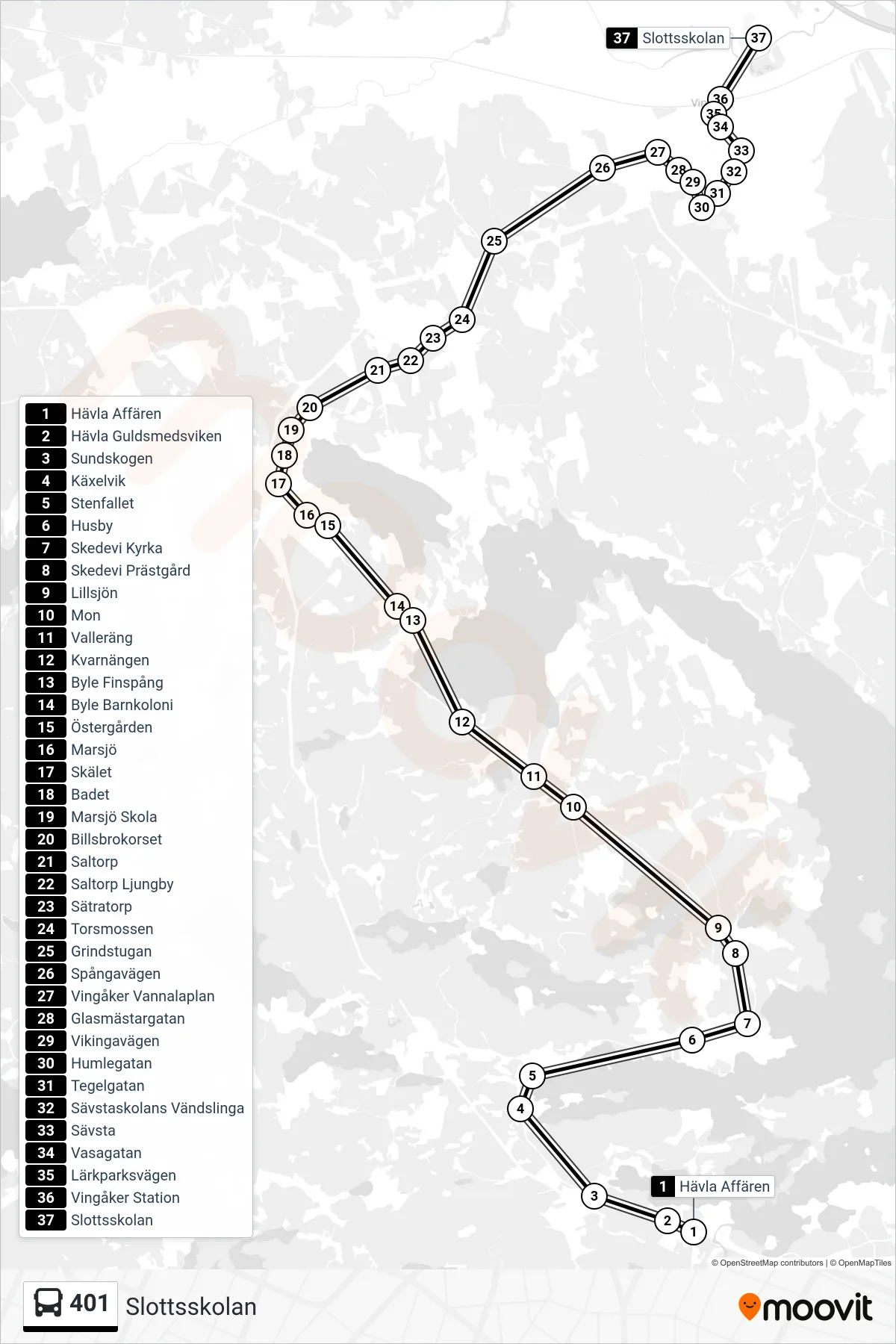 Rutt och hållplatser på karta för linje 401 spårvagn, (Slottsskolan)