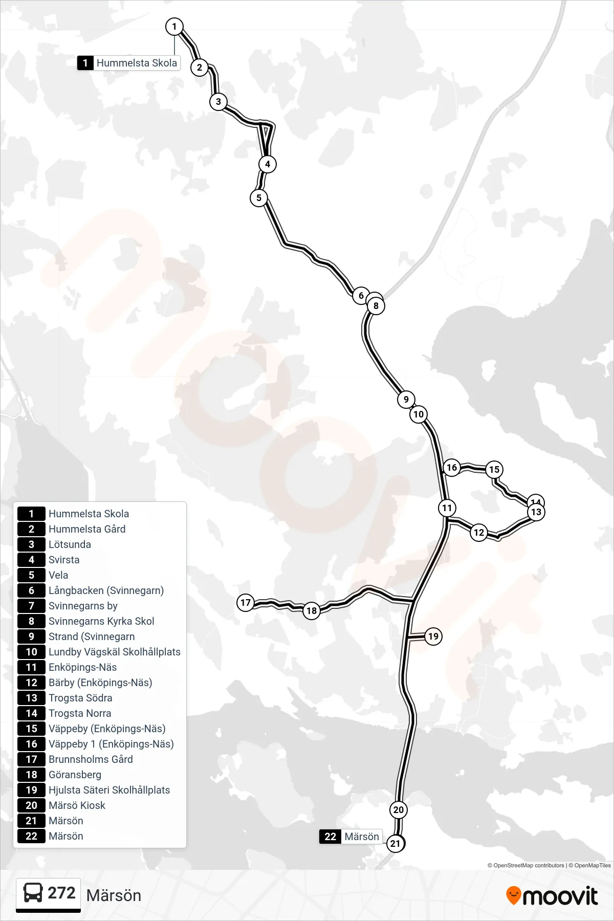 Rutt och hållplatser på karta för linje 272  buss, (Märsön)