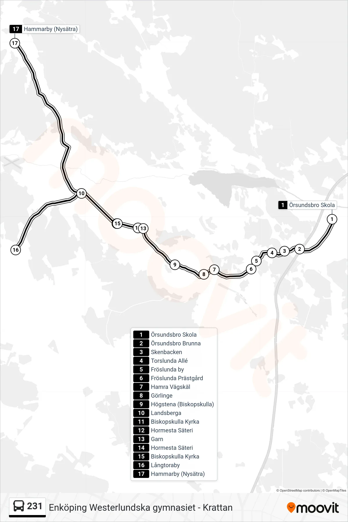 Rutt och hållplatser på karta för linje 231  buss, (Hammarby (Nysätra))
