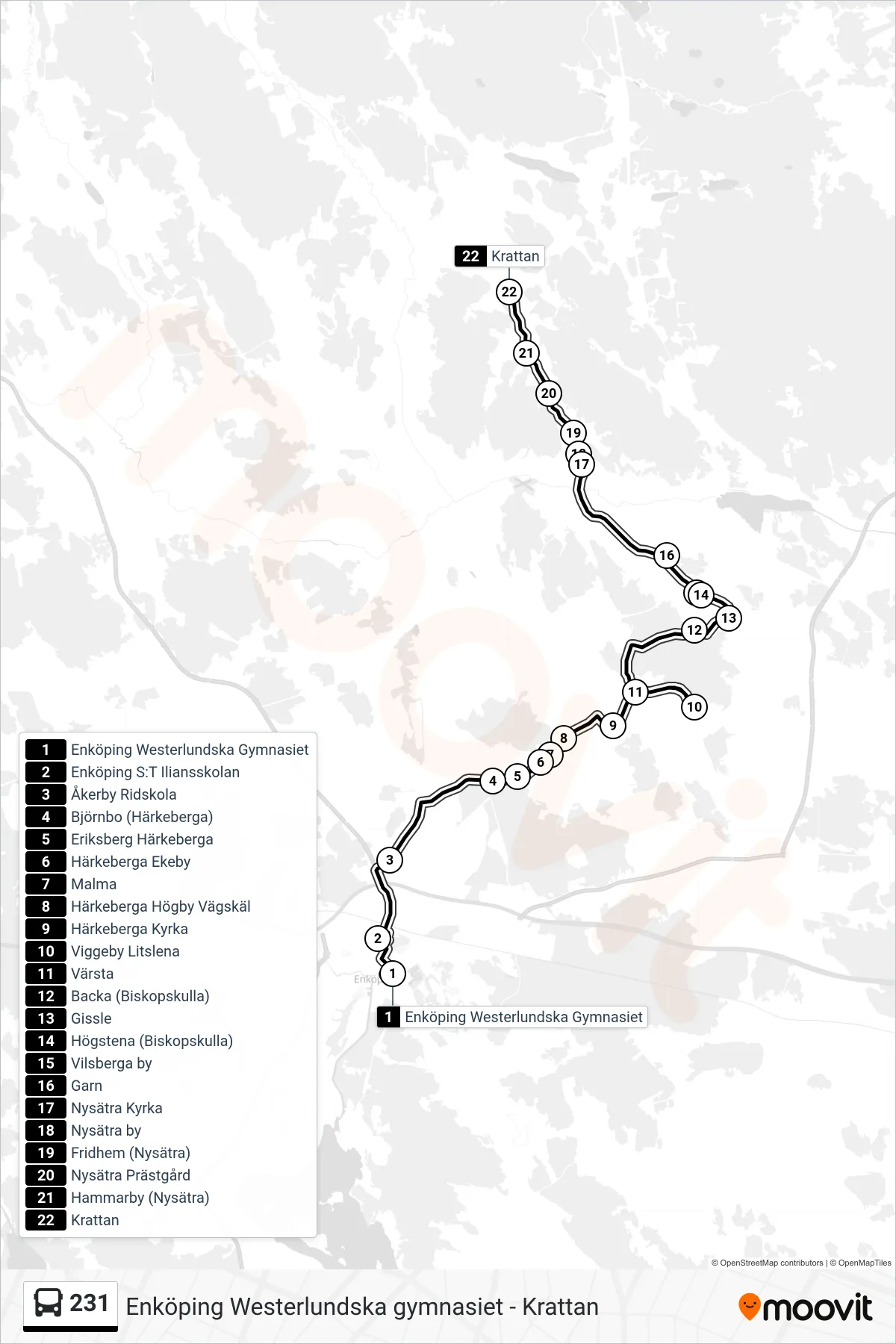 Rutt och hållplatser på karta för linje 231 buss, (Krattan)