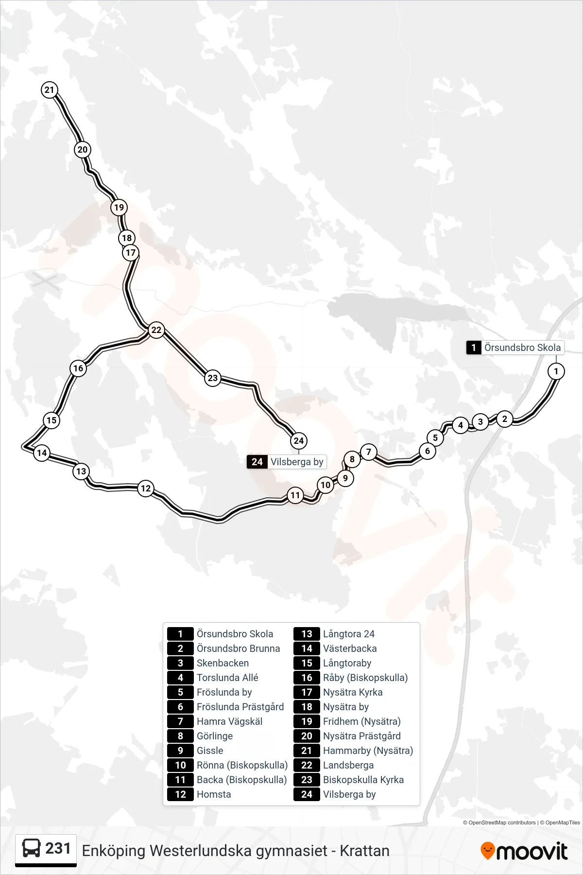 Rutt och hållplatser på karta för linje 231 buss, (Vilsberga by)