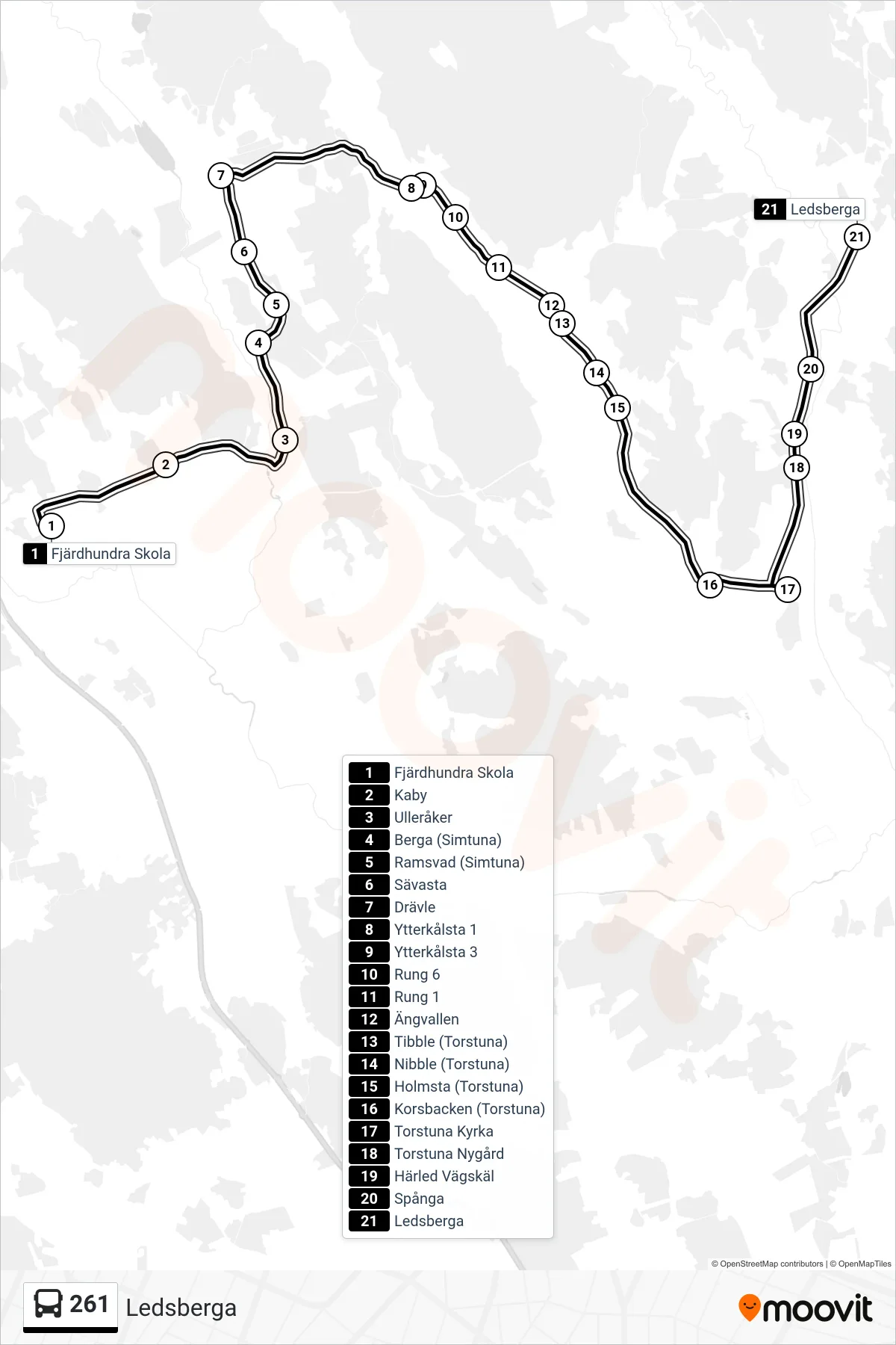 Rutt och hållplatser på karta för linje 261 buss, (Ledsberga)