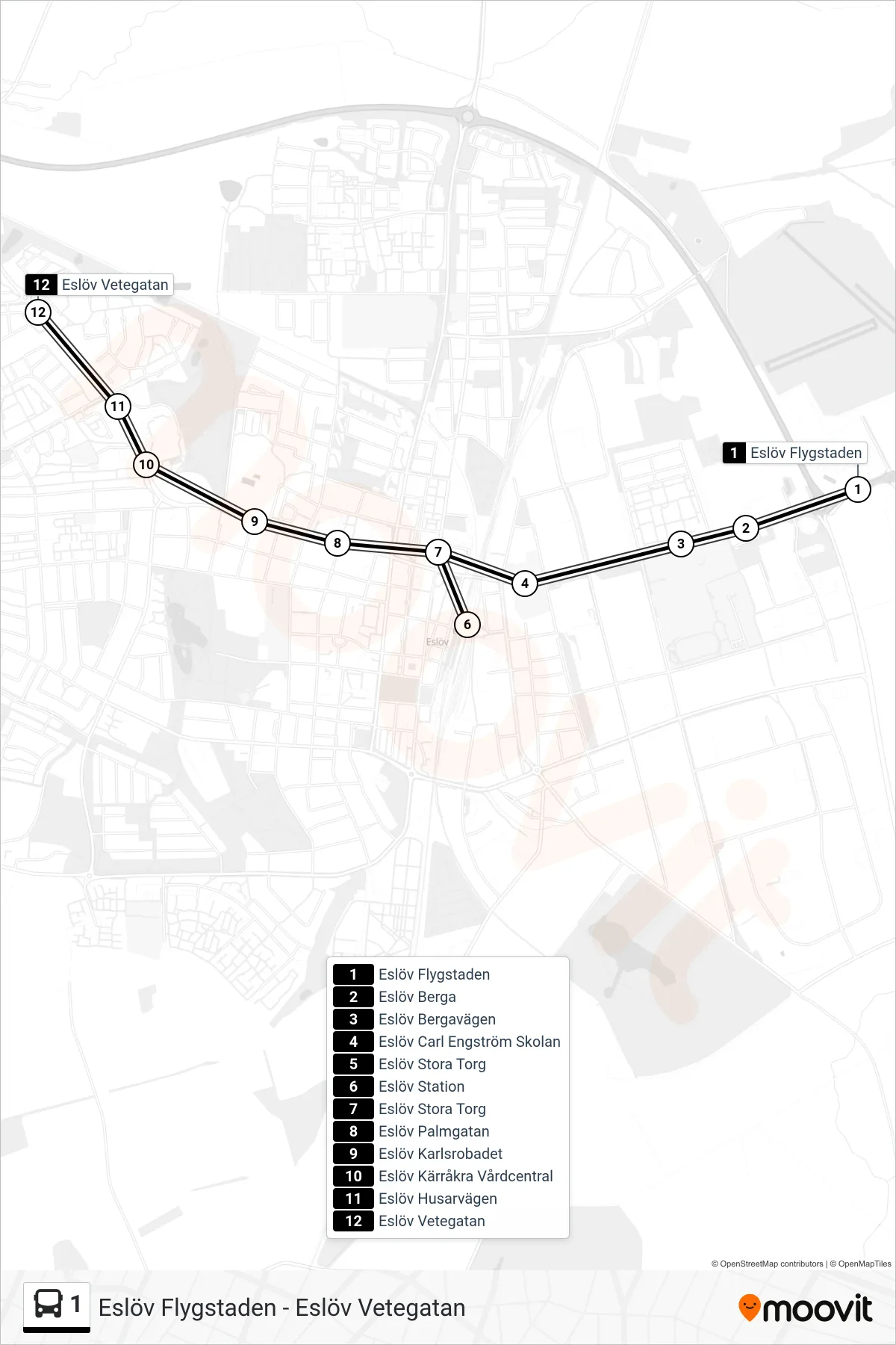 Rutt och hållplatser på karta för linje 1 spårvagn, (Eslöv Vetegatan)