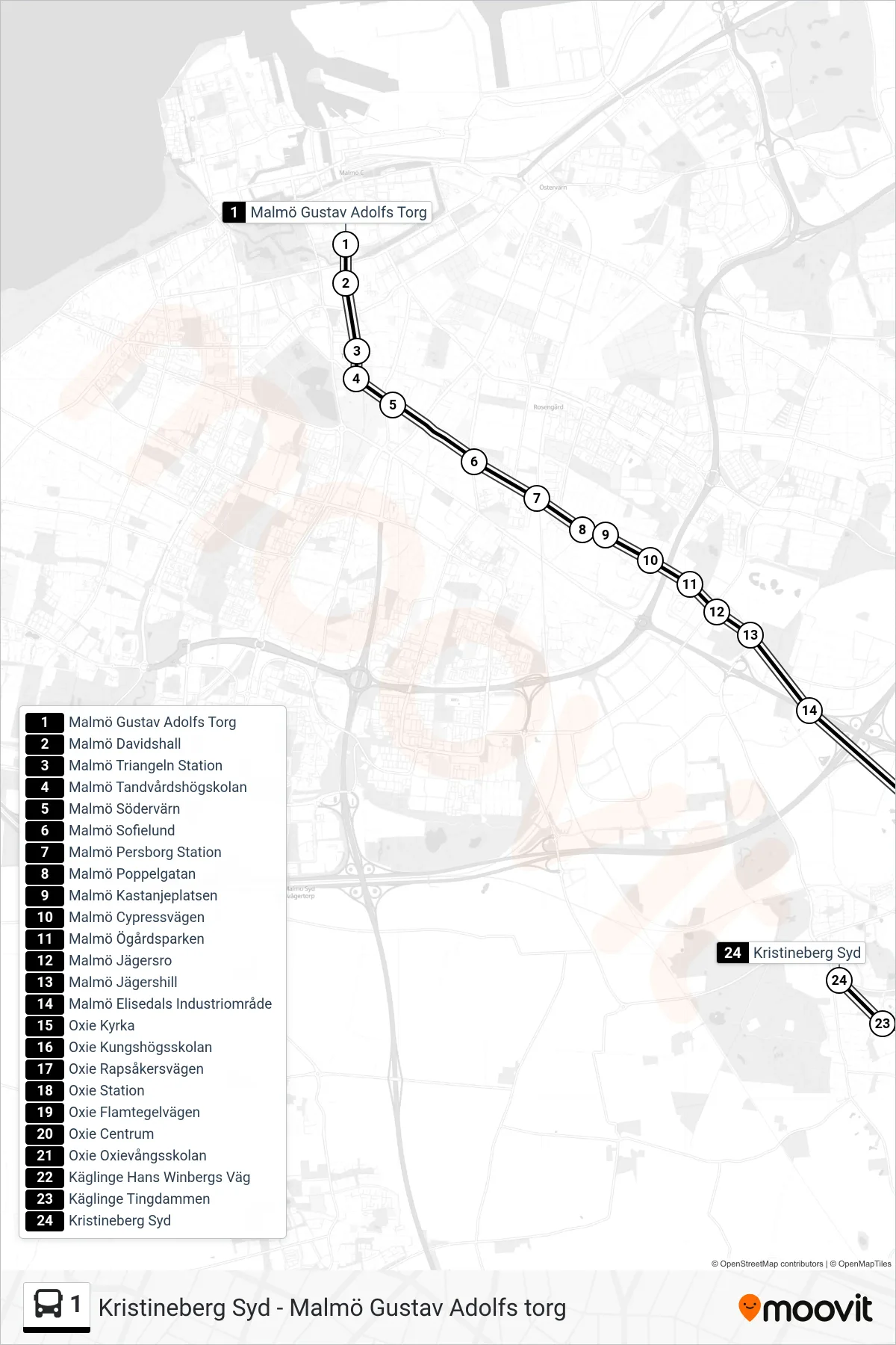 Rutt och hållplatser på karta för linje 1 spårvagn, (Kristineberg Syd)