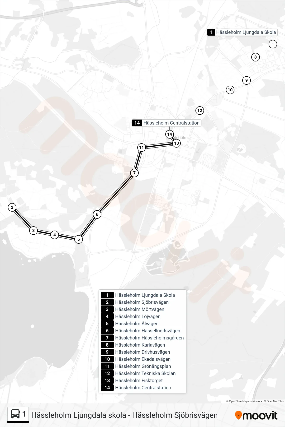 Rutt och hållplatser på karta för linje 1  spårvagn, (Hässleholm Centralstation)