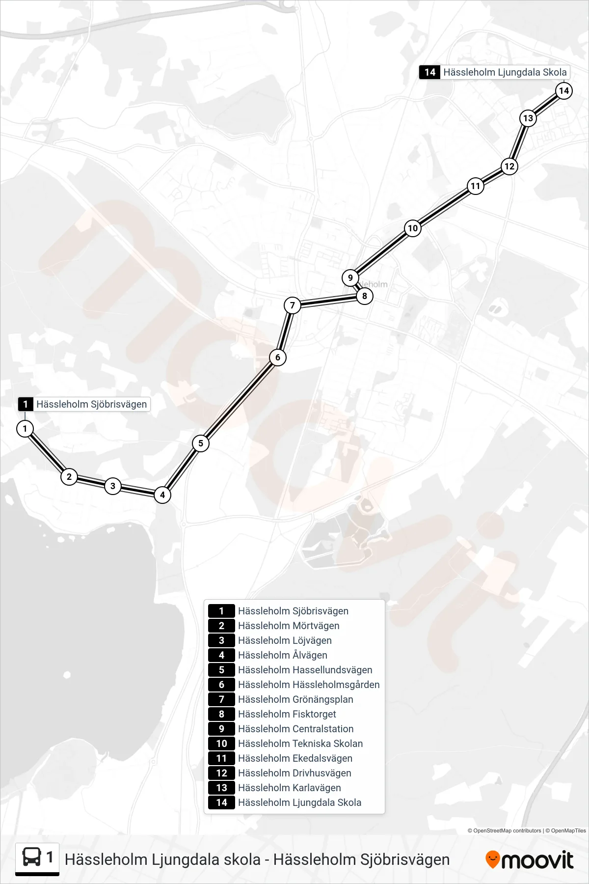 Rutt och hållplatser på karta för linje 1 spårvagn, (Hässleholm Ljungdala Skola)
