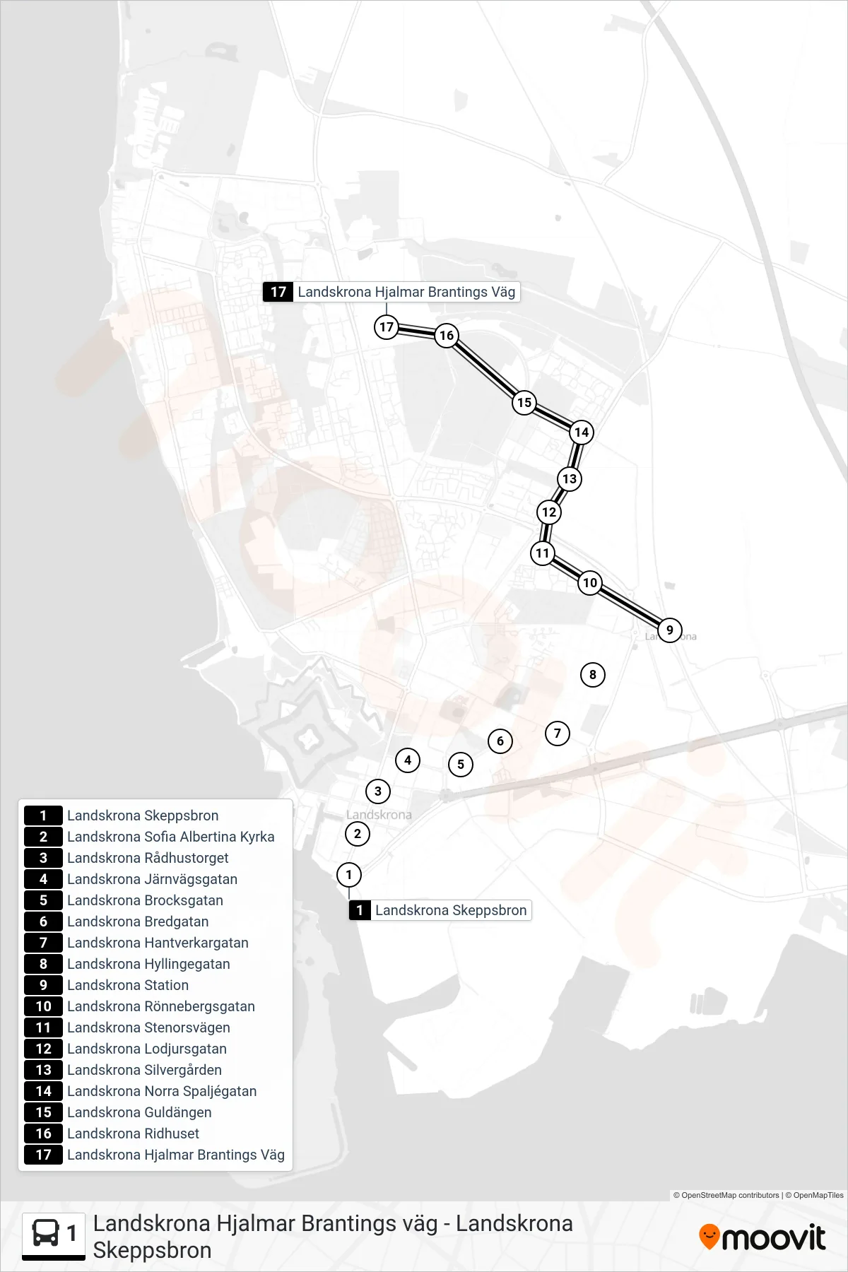 Rutt och hållplatser på karta för linje 1  spårvagn, (Landskrona Hjalmar Brantings Väg)
