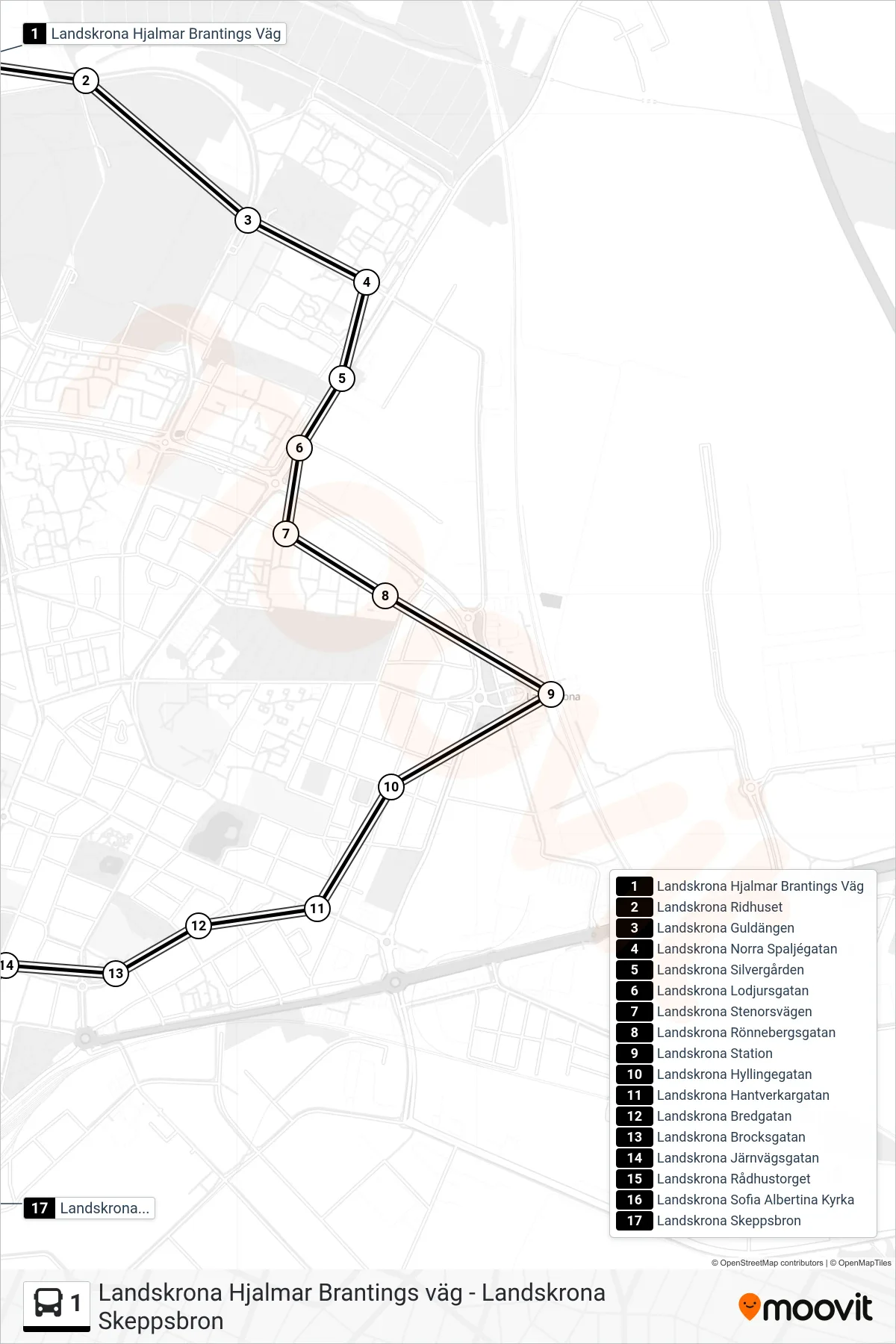 Rutt och hållplatser på karta för linje 1  spårvagn, (Landskrona Skeppsbron)