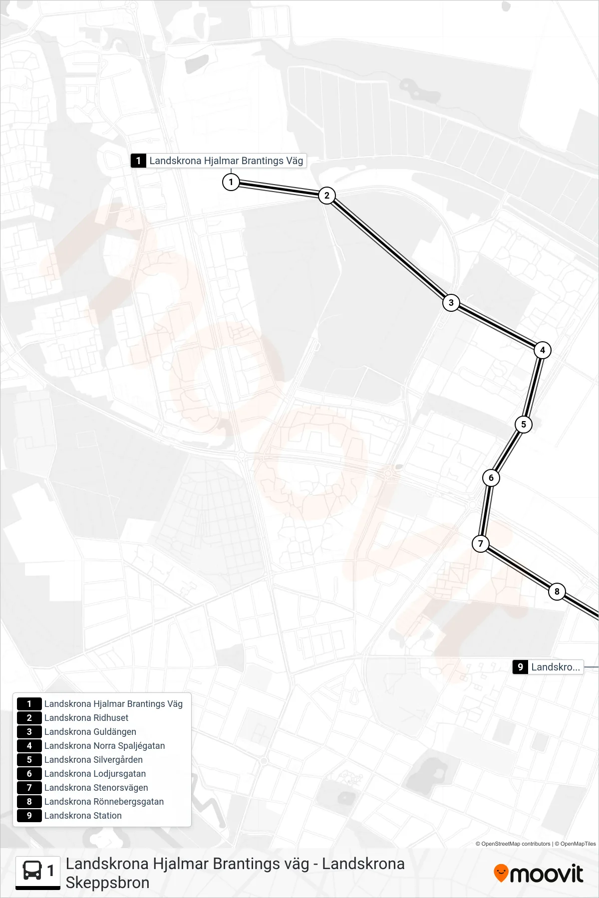 Rutt och hållplatser på karta för linje 1 spårvagn, (Landskrona Station)