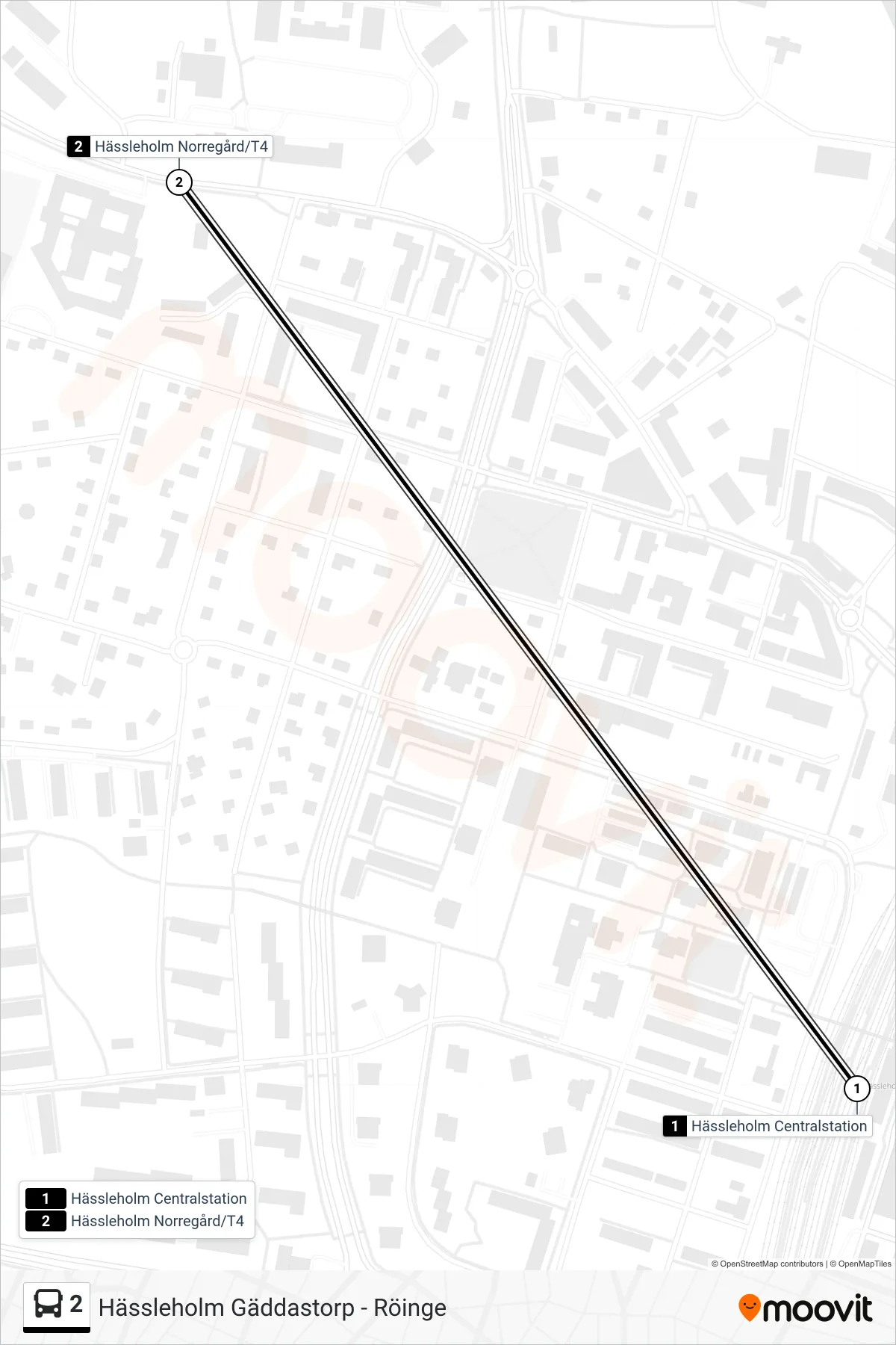 Rutt och hållplatser på karta för linje 2 spårvagn, (Hässleholm Norregård/T4)