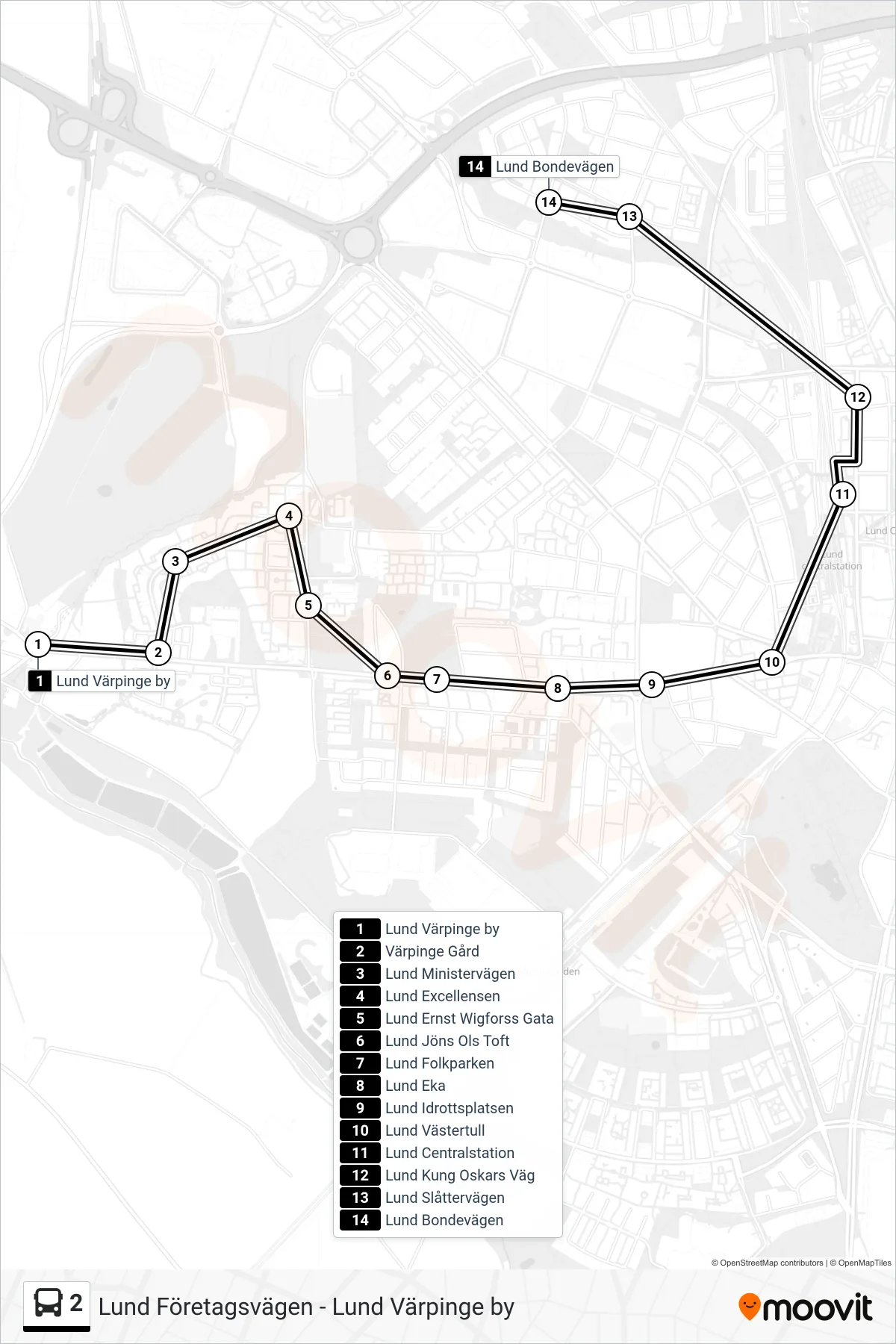 Rutt och hållplatser på karta för linje 2 spårvagn, (Lund Bondevägen)