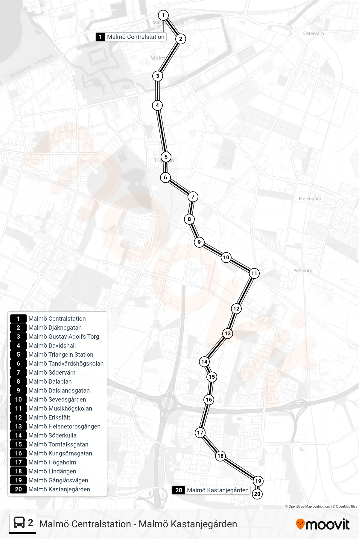 Rutt och hållplatser på karta för linje 2 spårvagn, (Malmö Kastanjegården)