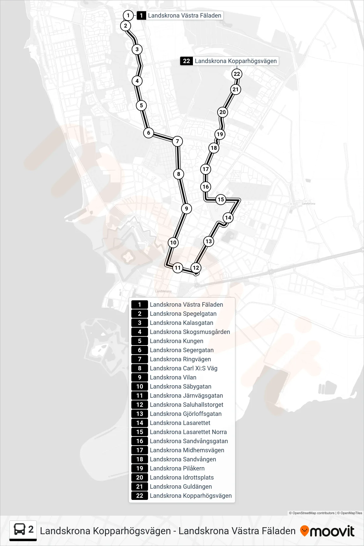 Rutt och hållplatser på karta för linje 2 spårvagn, (Landskrona Kopparhögsvägen)