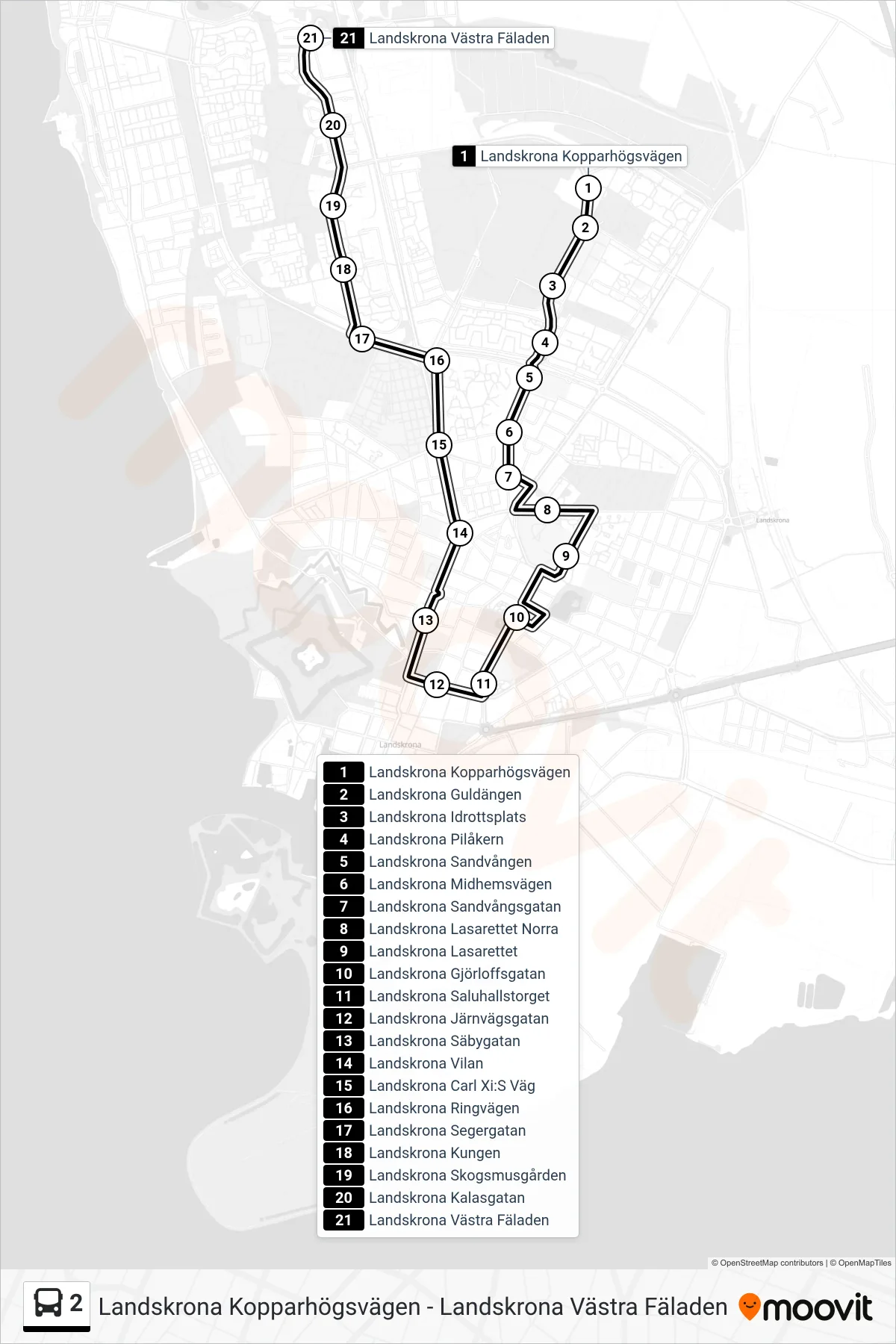 Rutt och hållplatser på karta för linje 2 spårvagn, (Landskrona Västra Fäladen)