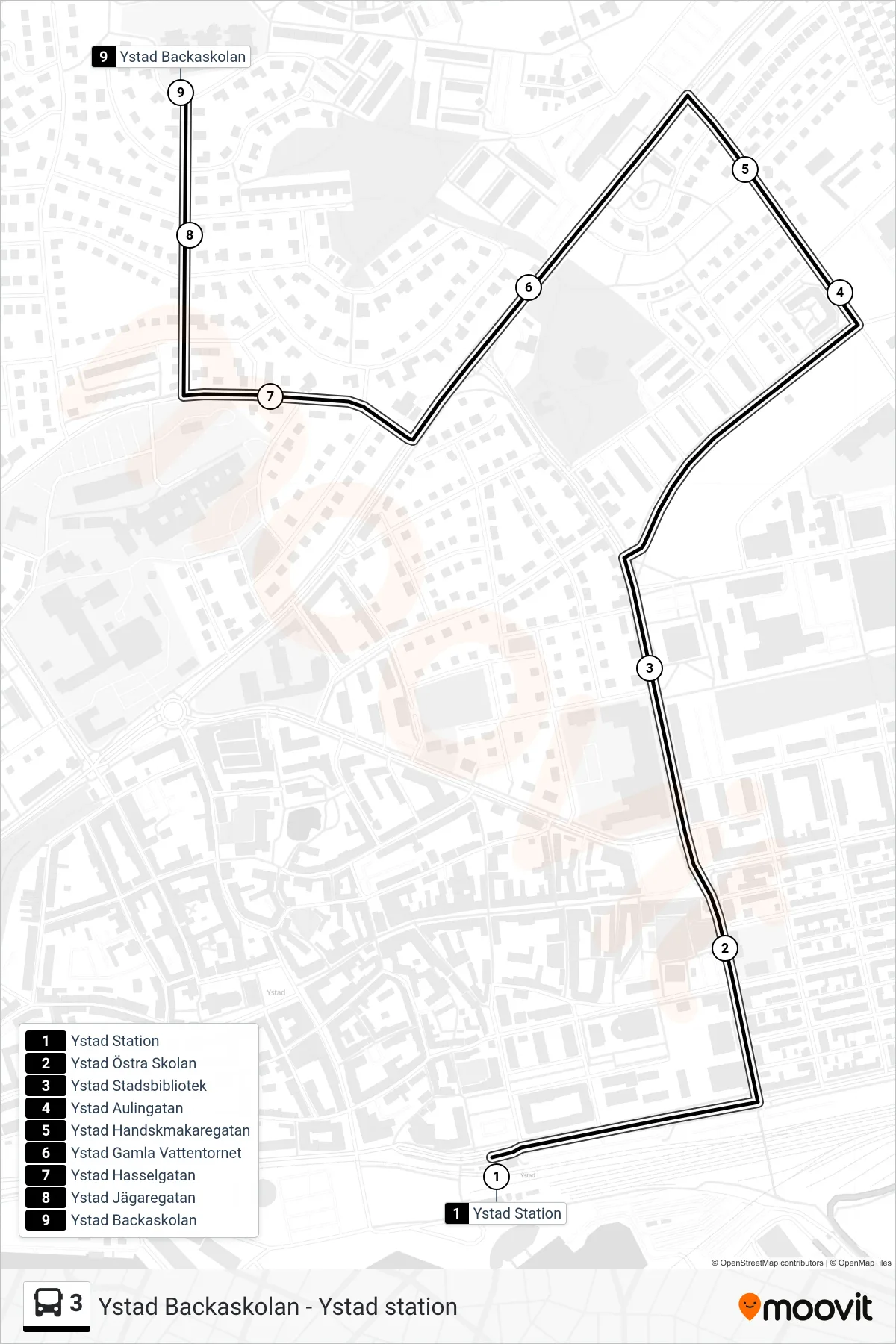 Rutt och hållplatser på karta för linje 3 spårvagn, (Ystad Backaskolan)