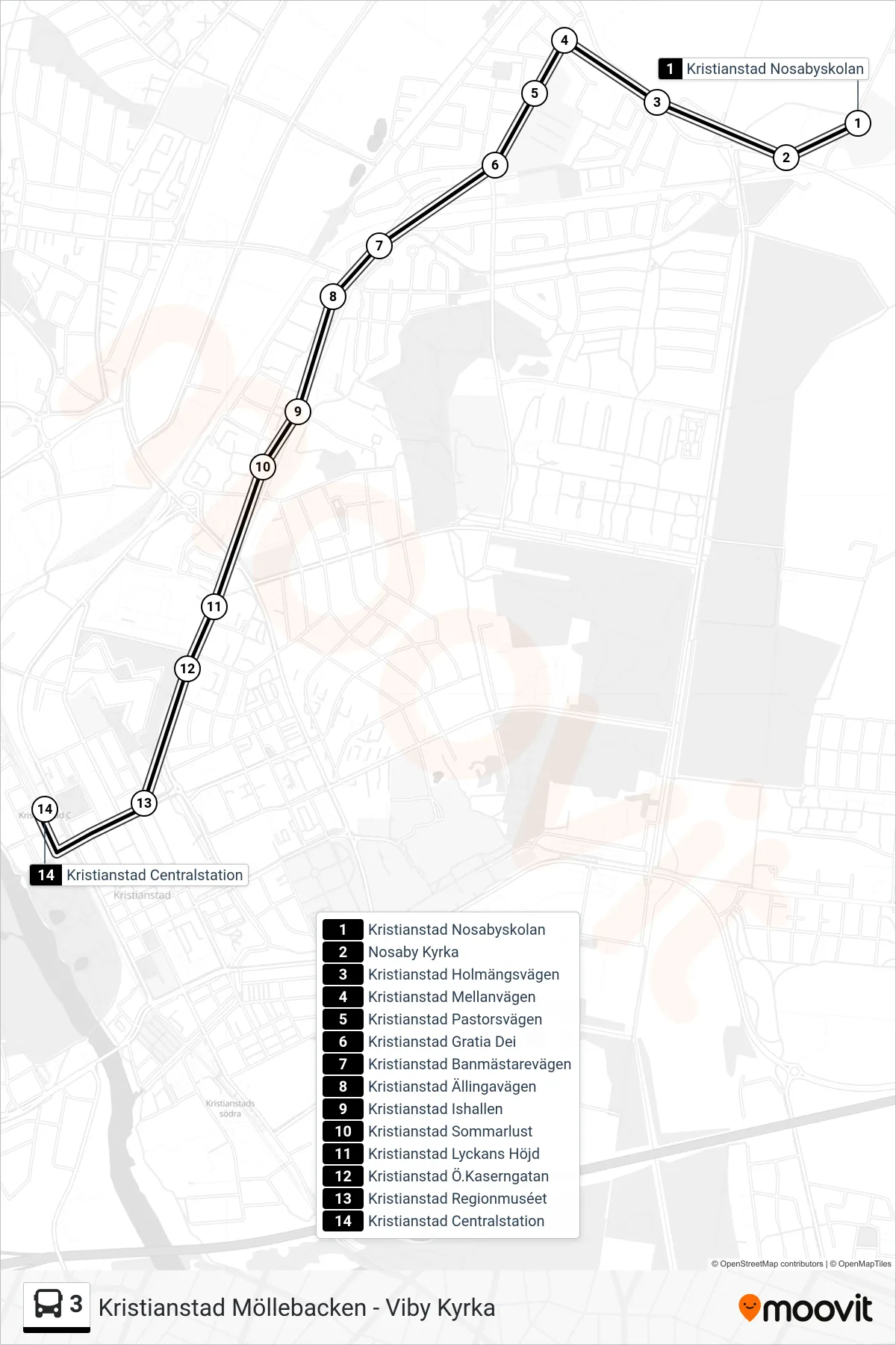 Rutt och hållplatser på karta för linje 3 spårvagn, (Kristianstad Centralstation)