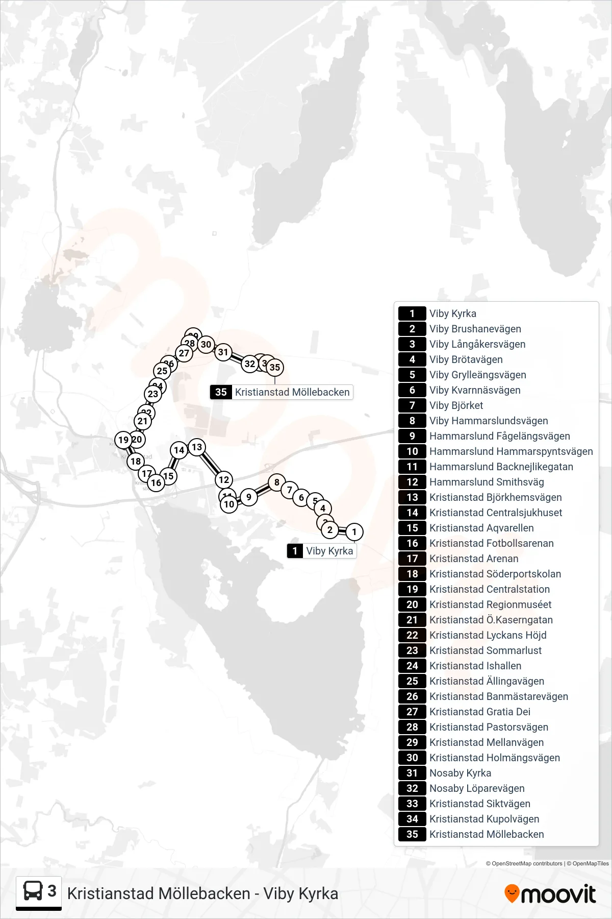 Rutt och hållplatser på karta för linje 3  spårvagn, (Kristianstad Möllebacken)